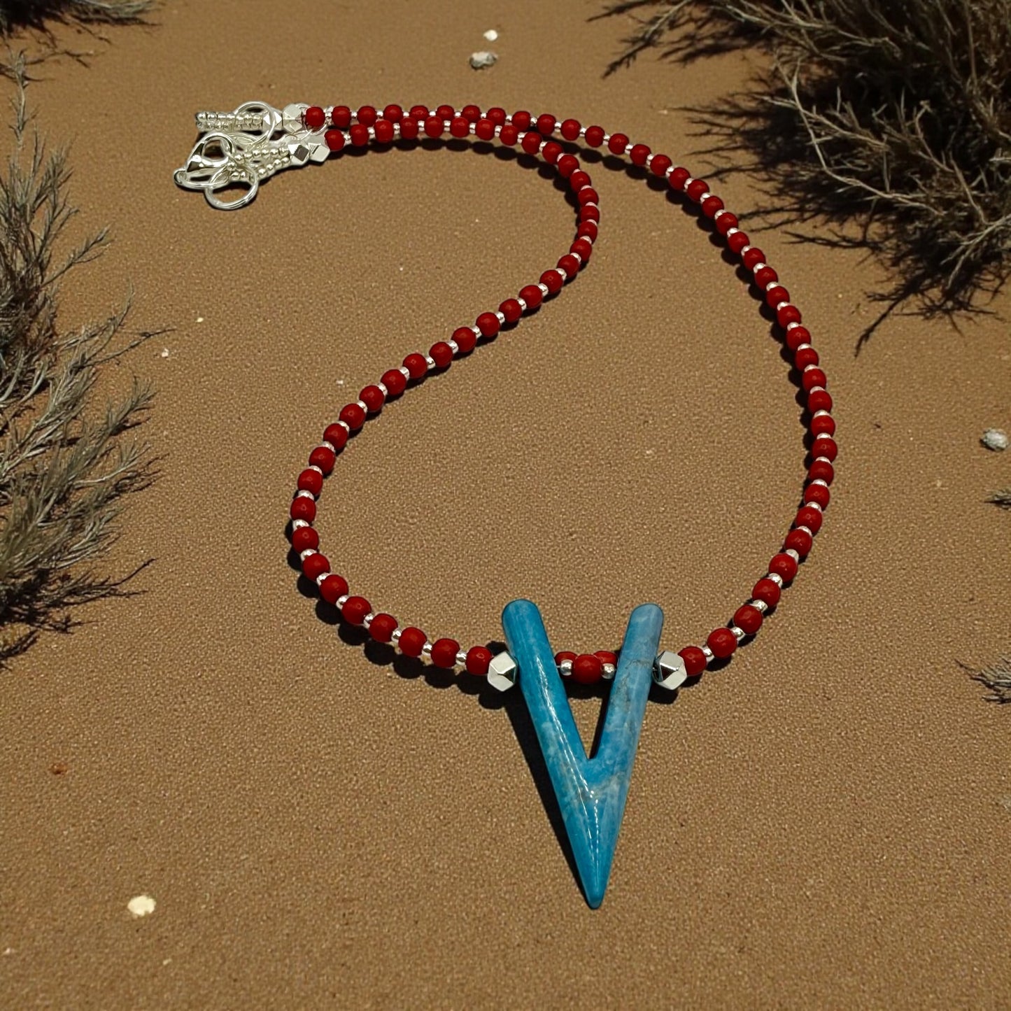Red Beaded Necklace with Blue V Pendant • 22” Gemstone Statement Necklace • Boho Southwest Jewelry • Handmade Gift for Her