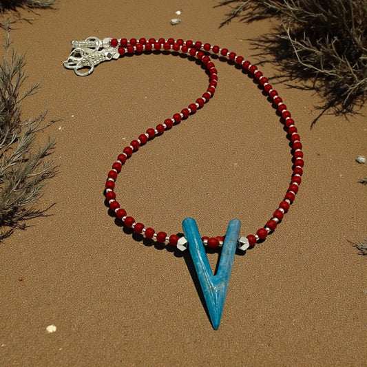 Red Beaded Necklace with Blue V Pendant • 22” Gemstone Statement Necklace • Boho Southwest Jewelry • Handmade Gift for Her
