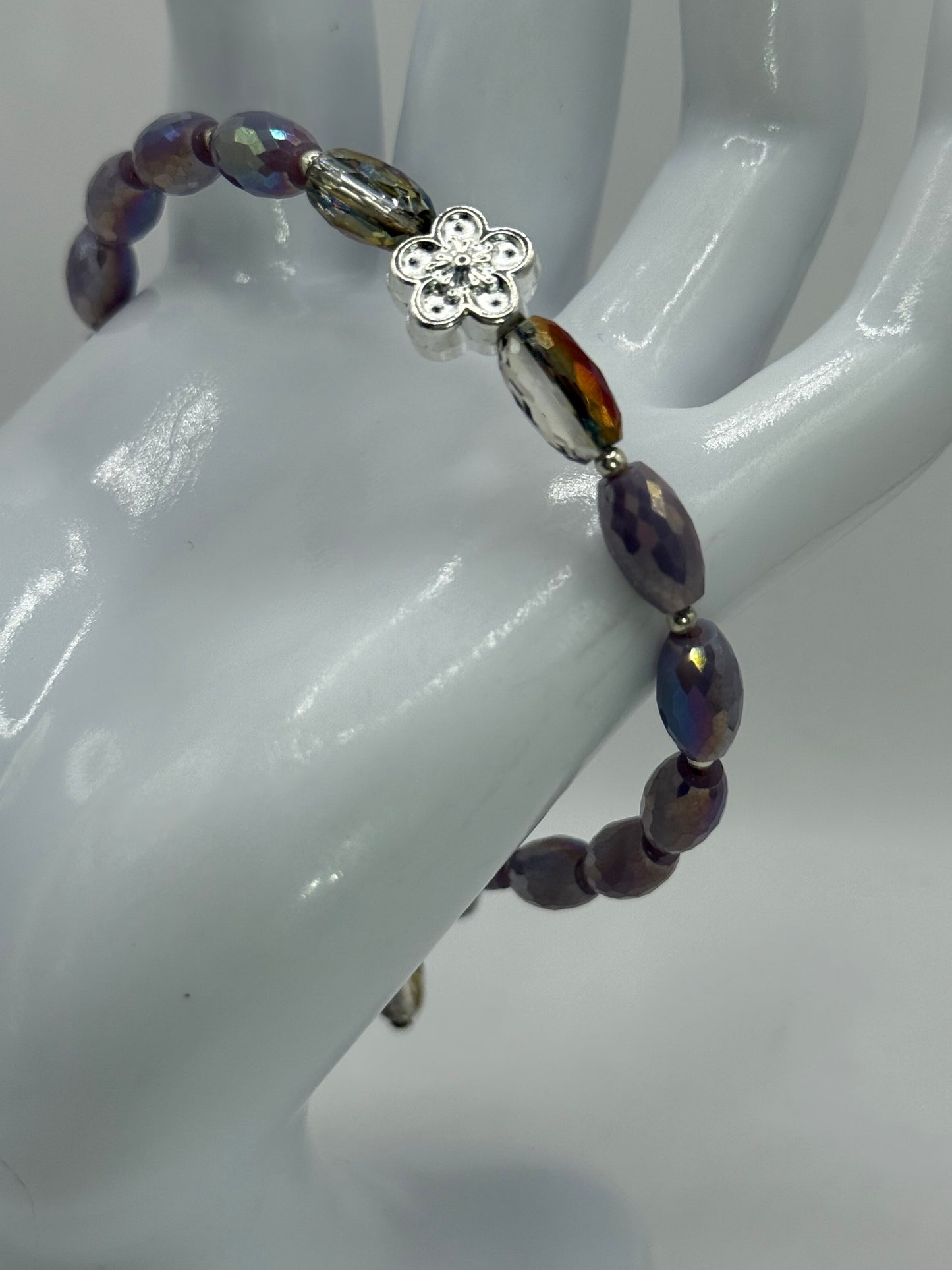 Iridescent Purple and Bronze Glass Bead Bracelet with Silver Flower Charm – 7.75” Clasp Bracelet, Handmade Gift for Her – Free Resizing