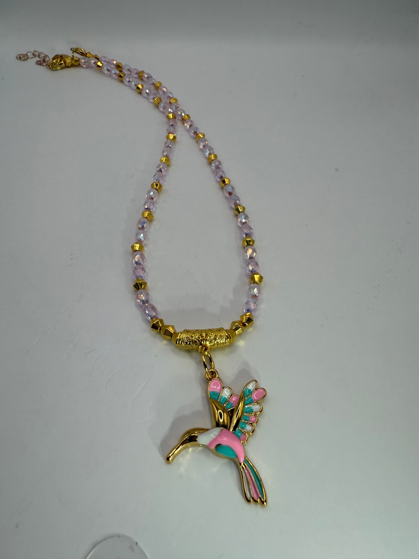 Pink Faceted Glass Necklace with Hummingbird Pendant – 18” Sparkly Beaded Necklace with Gold Accents – Free Matching Earrings Included