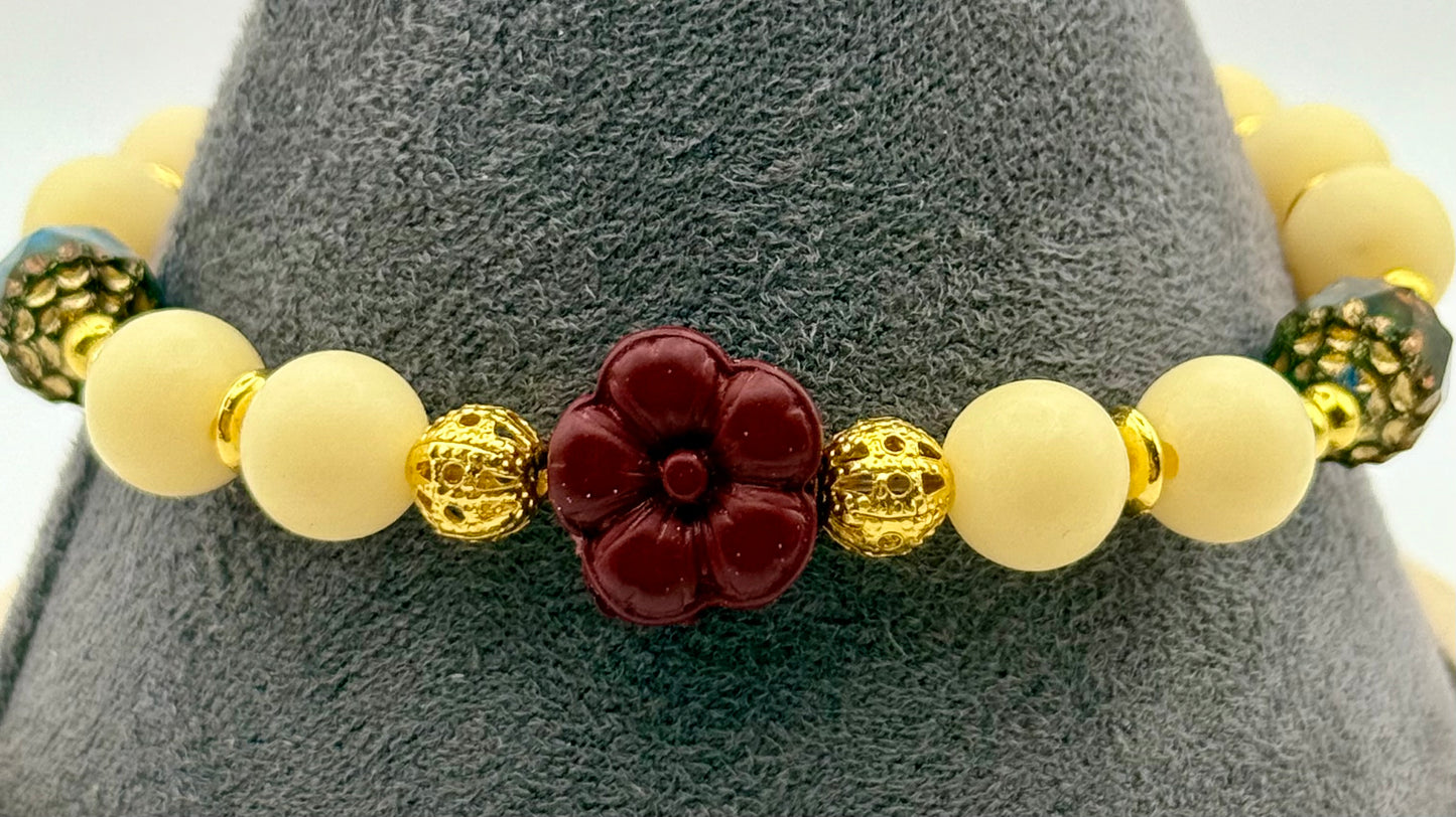 Yellow Tagua and Cinnabar focal stretch bracelet 7"
