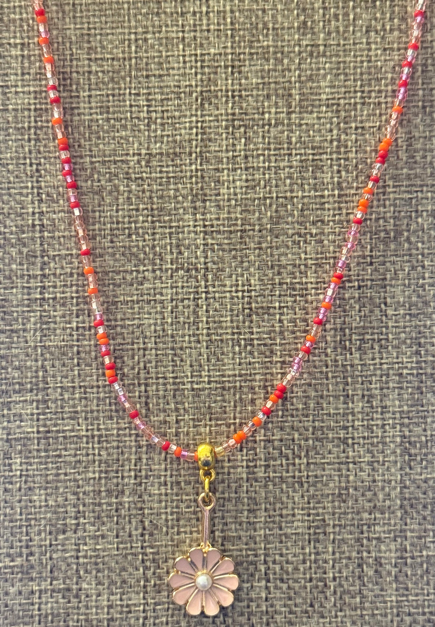 20” Czech Glass Beaded Necklace with Pink Daisy Pendant – Gold Accent & Lobster Clasp