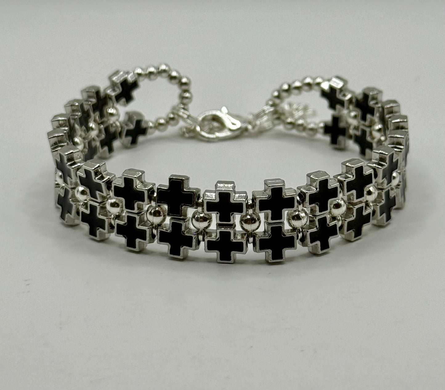 Bold Black Cross Link Bracelet – Adjustable 7.5” to 8”, Silver-Tone Double Row Design, Unique Statement Jewelry