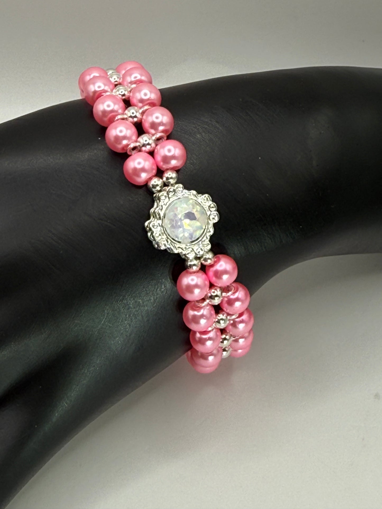 Pink Glass Pearl Bracelet with Opal Iridescent Focal | 8” Handmade Beaded Bracelet | Elegant Jewelry Gift for Her