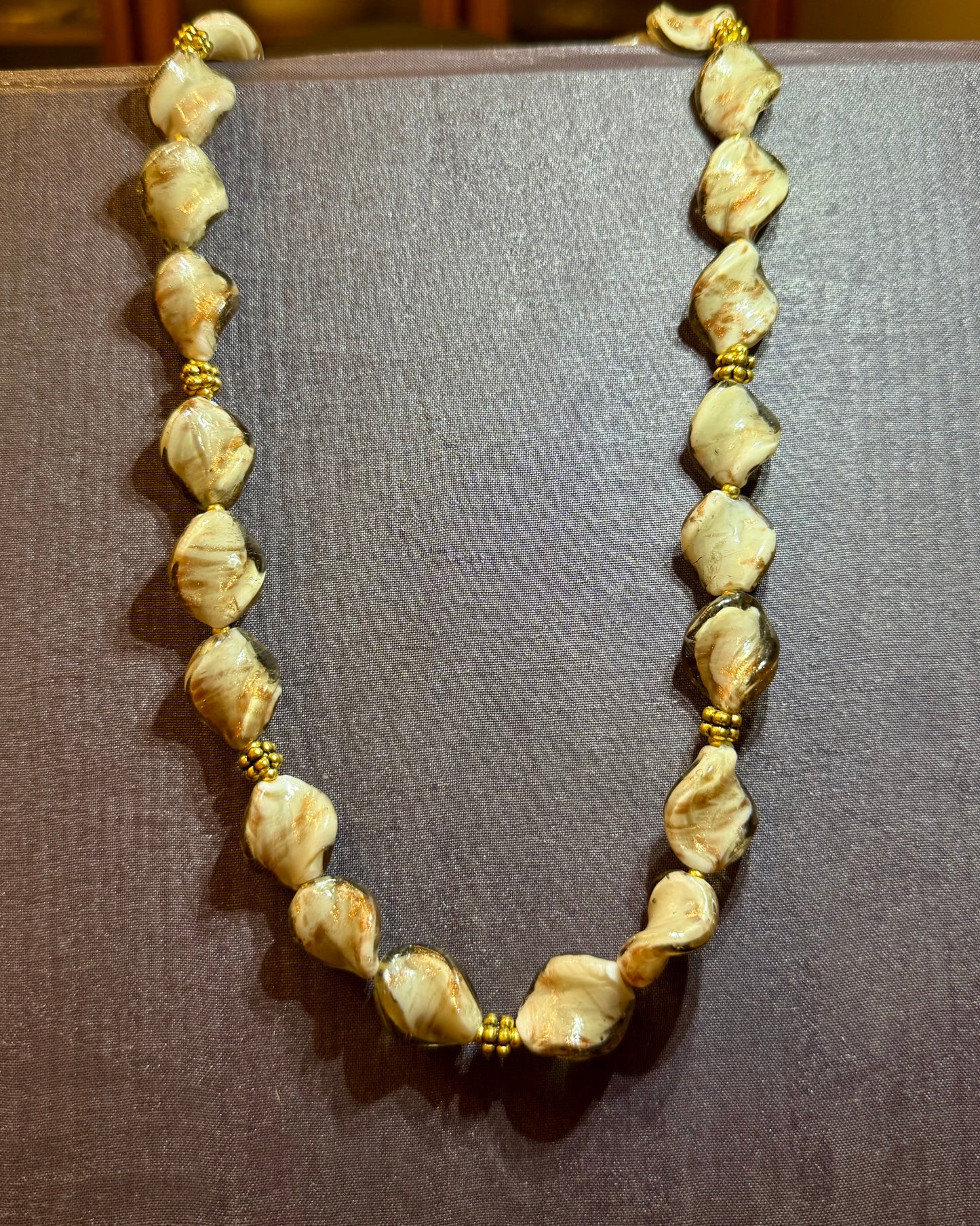 20” Cream Swirl Glass Bead Necklace + Matching Bracelets | Elegant, One-of-a-Kind Set
