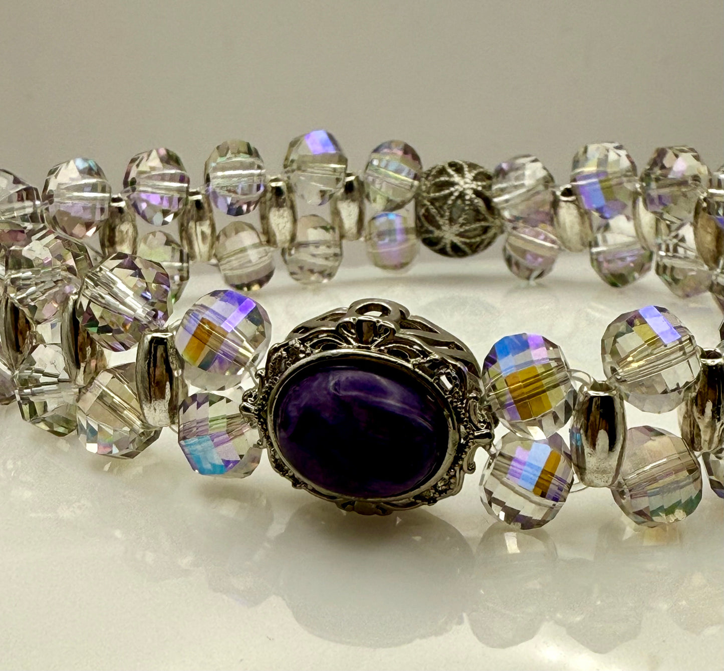 Faceted Disco Cut Double Strand Stretch Bracelet with Charoite Focal 7.50"