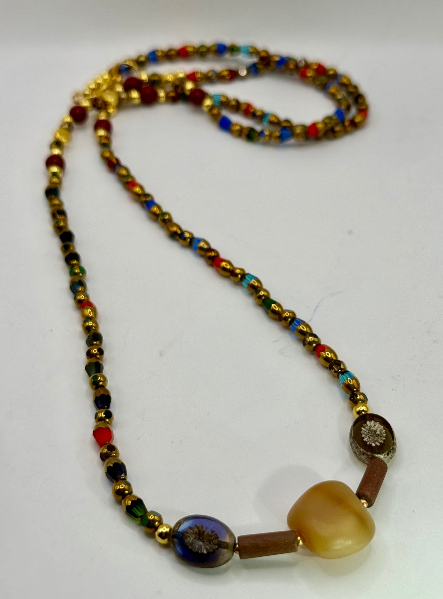 Boho Czech Glass Necklace 22” • Gold Accent Handmade Jewelry • Colorful Floral Focal Beads • Unique Gift