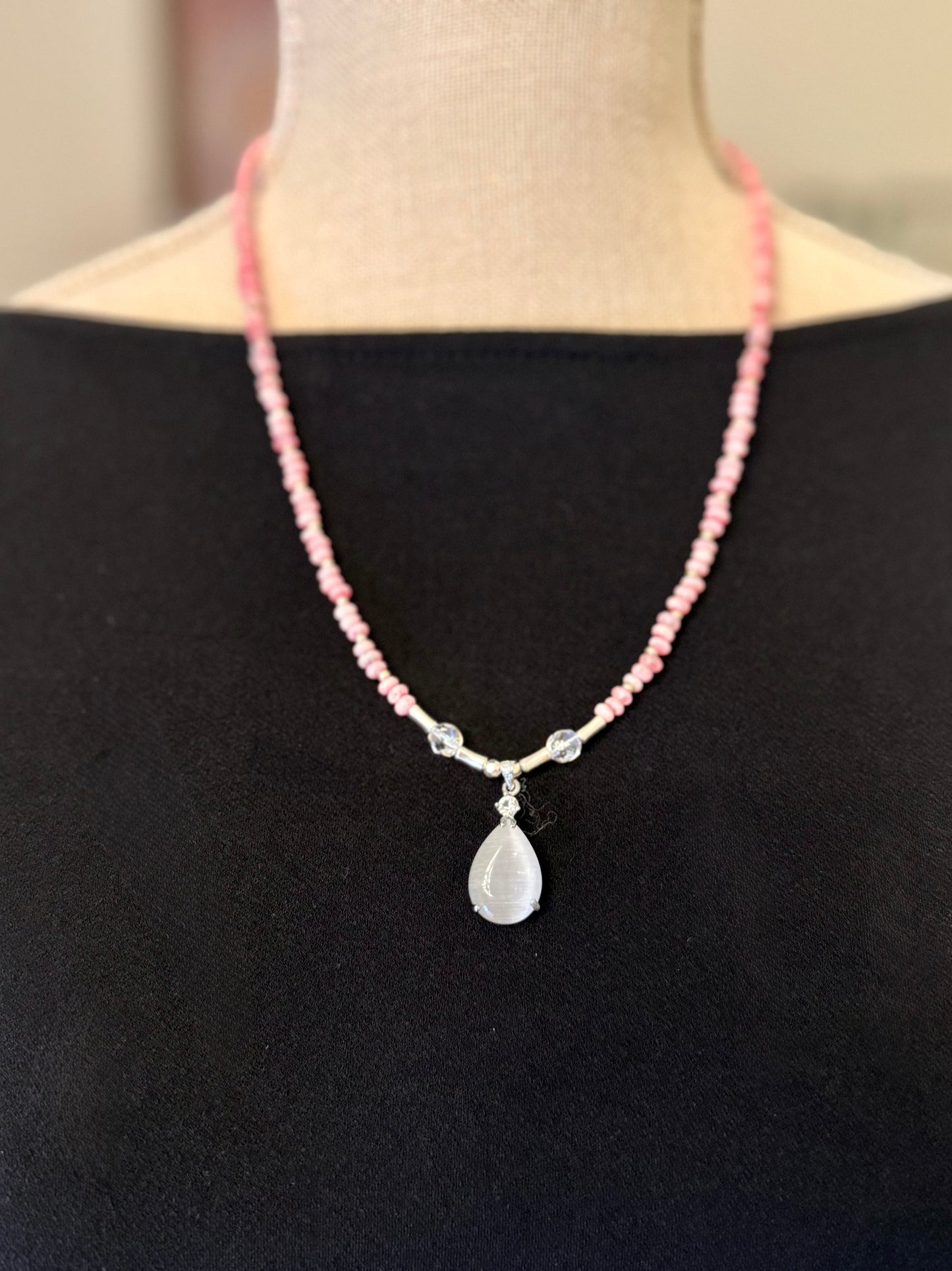 Pink Opal & Moonstone Necklace Set, 20” Teardrop Moonstone Necklace with Matching 7.5” Stretch Bracelet