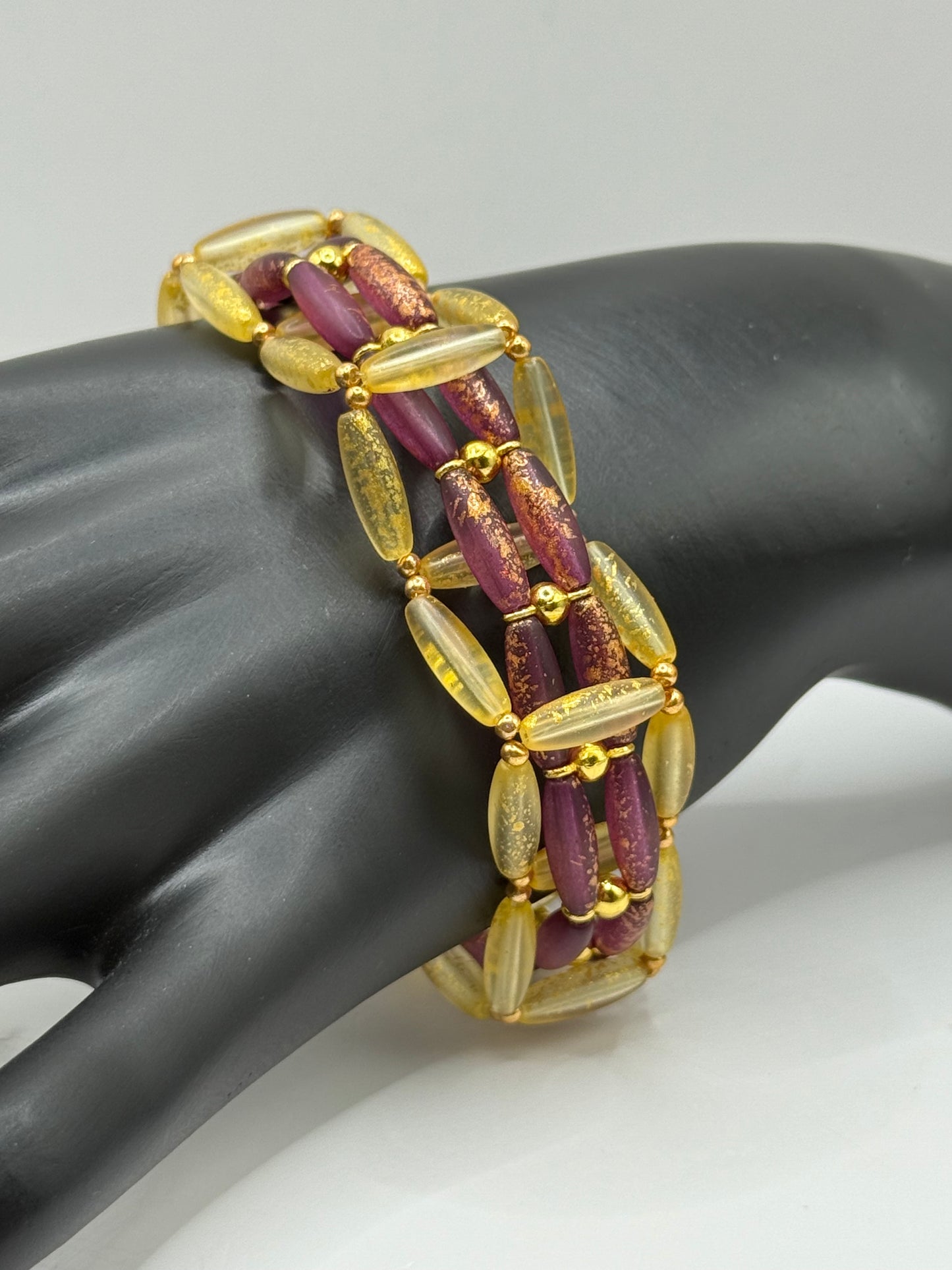 Burgundy & Gold Glass Bead Bracelet 7.75” | Two-Strand Clasp Bracelet | Handmade Glass Jewelry | Elegant Statement Bracelet | Gift for Her