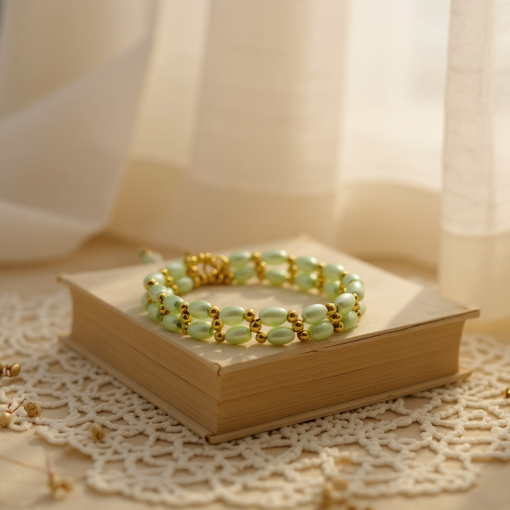 7.5” Double Banded Rice Bead Bracelet with Gold Accents | Mint Green Beaded Jewelry | Handmade Adjustable Bracelet