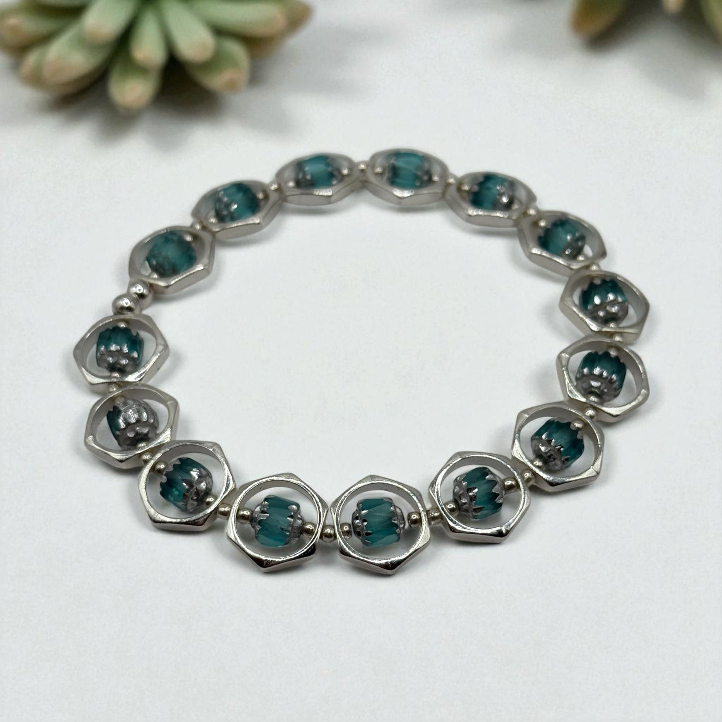 Teal Lantern Bead Bracelet and Earring Set | 7.75” Silver Framed Stretch Bracelet with Matching Earrings | Boho Chic Jewelry by LuckyCharm Boutique TX