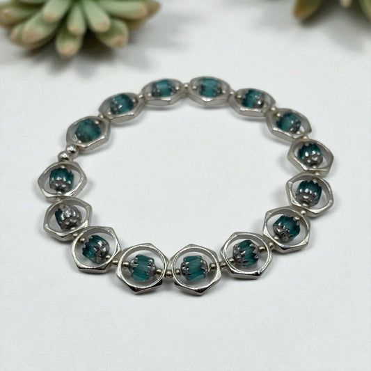 Teal Lantern Bead Bracelet and Earring Set | 7.75” Silver Framed Stretch Bracelet with Matching Earrings | Boho Chic Jewelry by LuckyCharm Boutique TX
