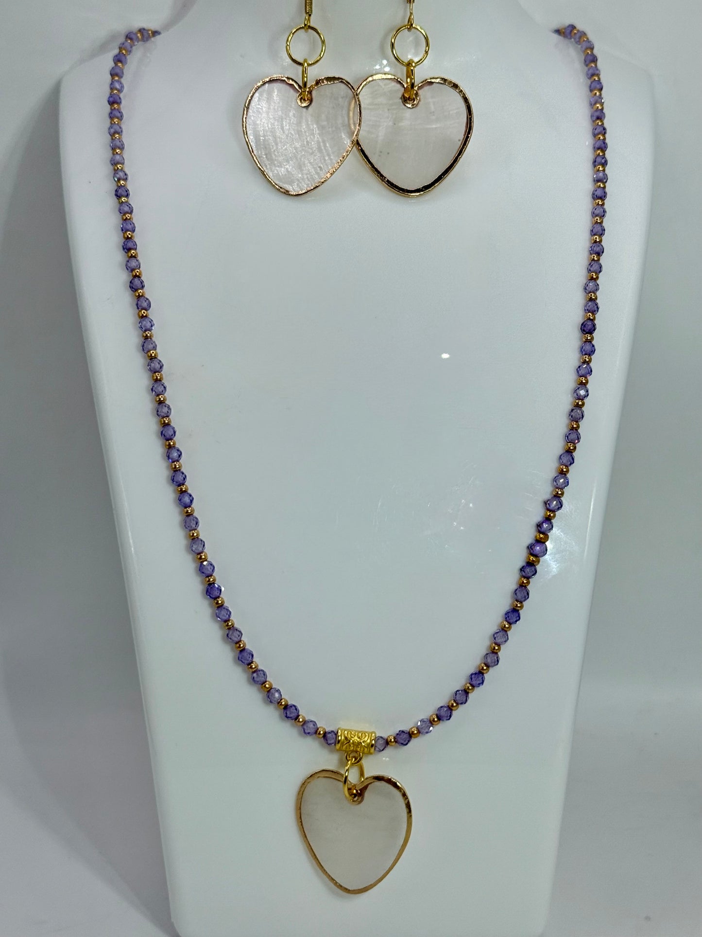 18” Purple Beaded Necklace with Capiz Shell Heart Pendant & Matching Earrings – Handmade Jewelry Gift Set