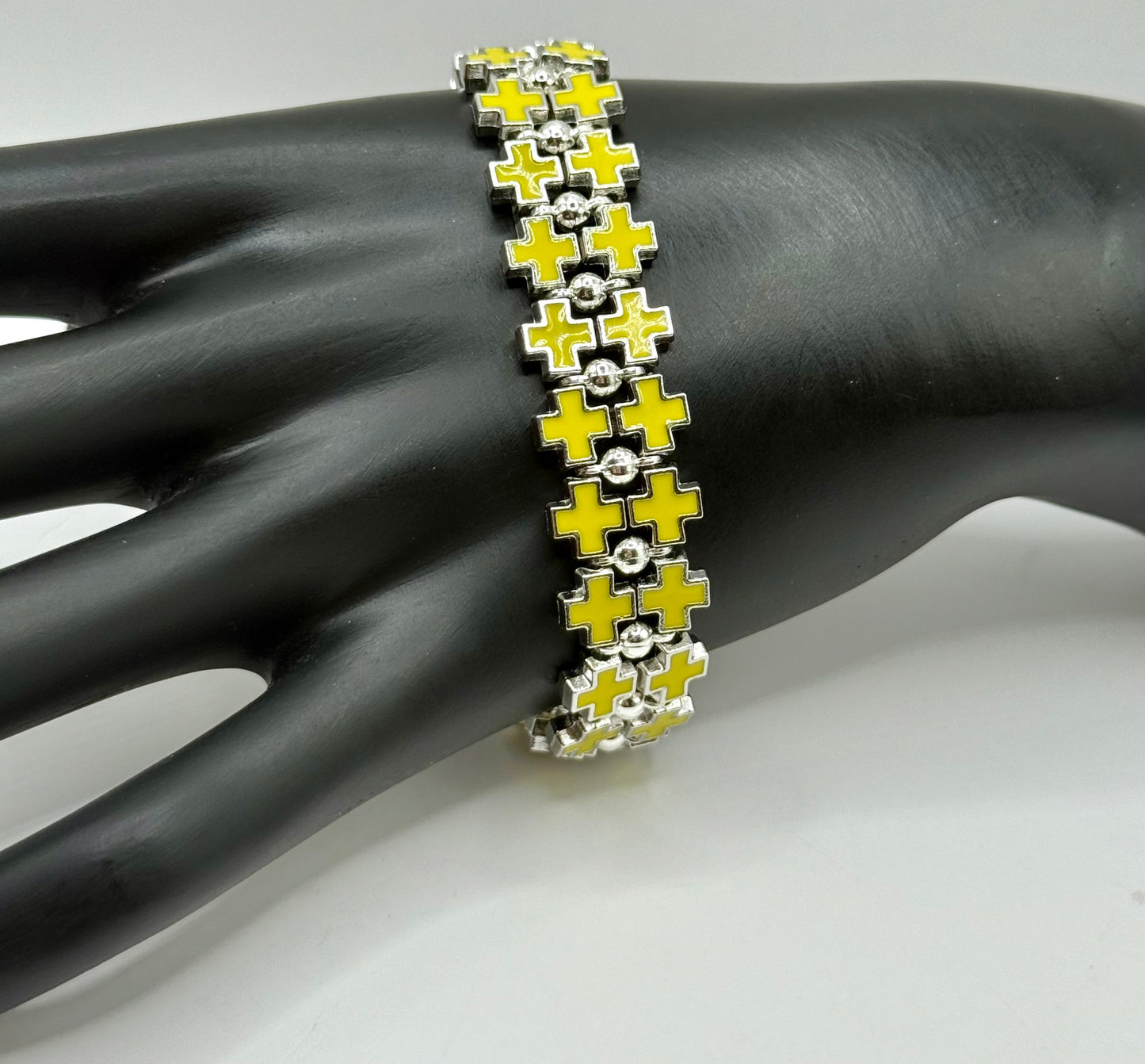 Bold Yellow Cross Link Bracelet – Adjustable 7.5” to 8”, Silver-Tone Double Row Design, Unique Statement Jewelry