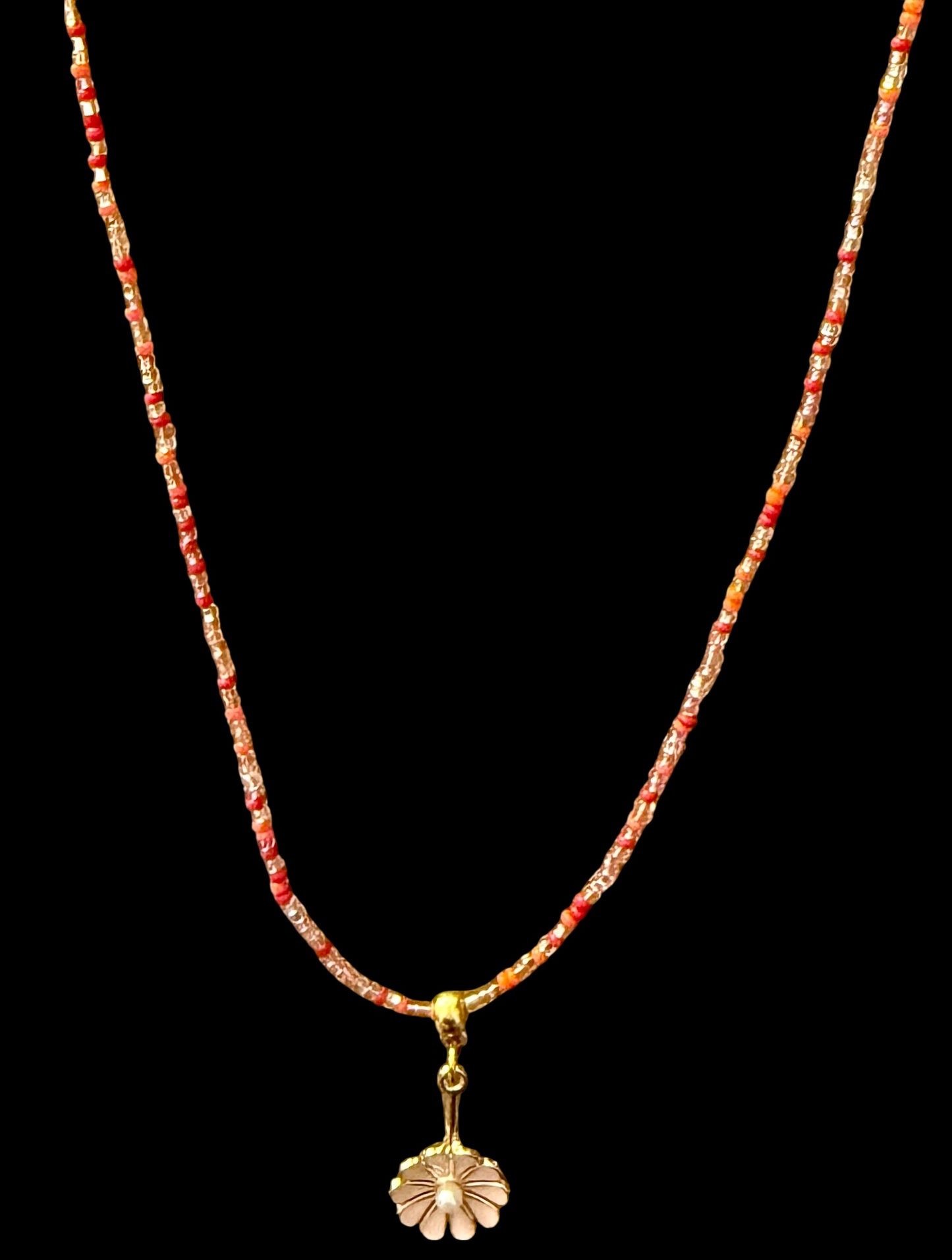20” Czech Glass Beaded Necklace with Pink Daisy Pendant – Gold Accent & Lobster Clasp