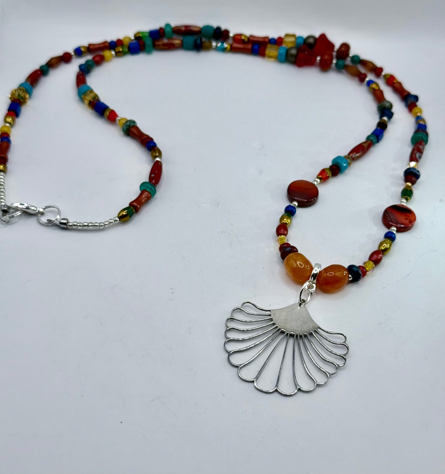 26” Boho Multicolor Beaded Necklace with Silver Fan Pendant | Handmade Artisan Necklace
