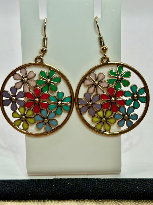 Colorful Flower Hoop Earrings – Boho Dangle Earrings, Retro Floral Jewelry, Statement Earrings, Gift for Her