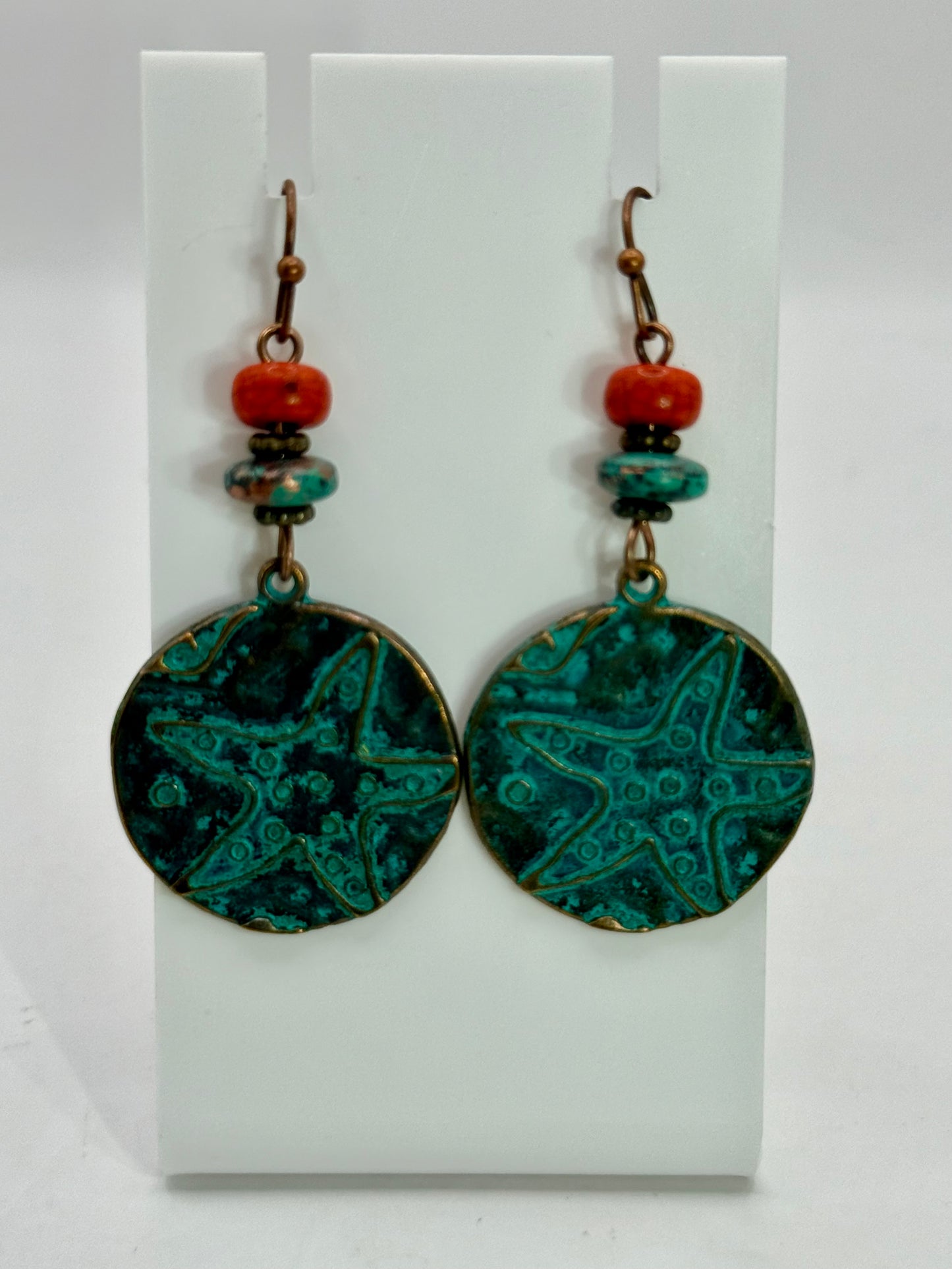 Patina Starfish Earrings – Boho Ocean Inspired Dangle Earrings, Red & Howlite Beaded Earrings, Beach Jewelry, Gift for Her