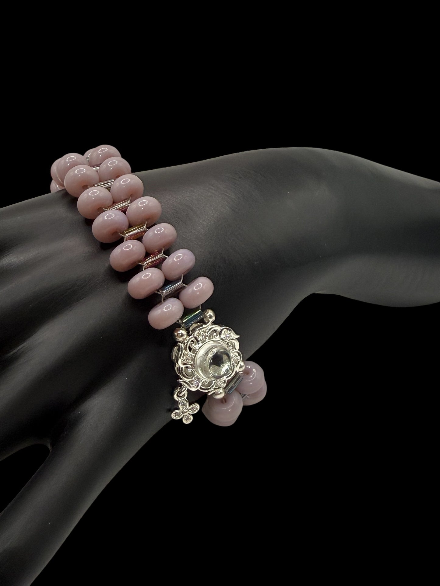 Handmade Double Band Mauve Glass Bead Clasp Bracelet – 8.25” Adjustable | Elegant Silver Floral Charm Jewelry
