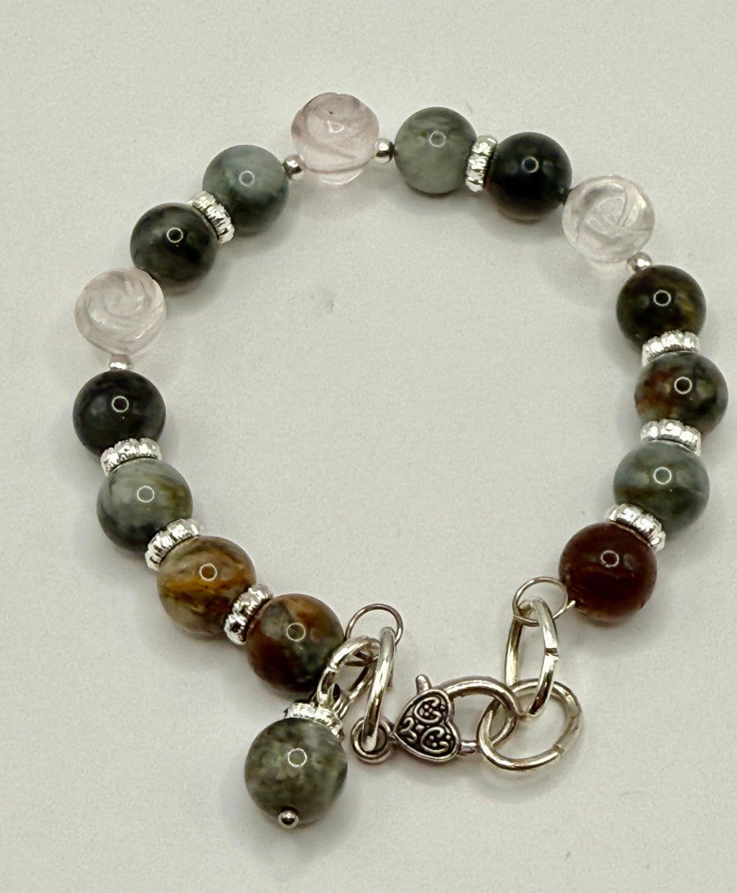 Ocean Jasper with Fluorite Roses Wired Bracelet 7.5"-7.75"