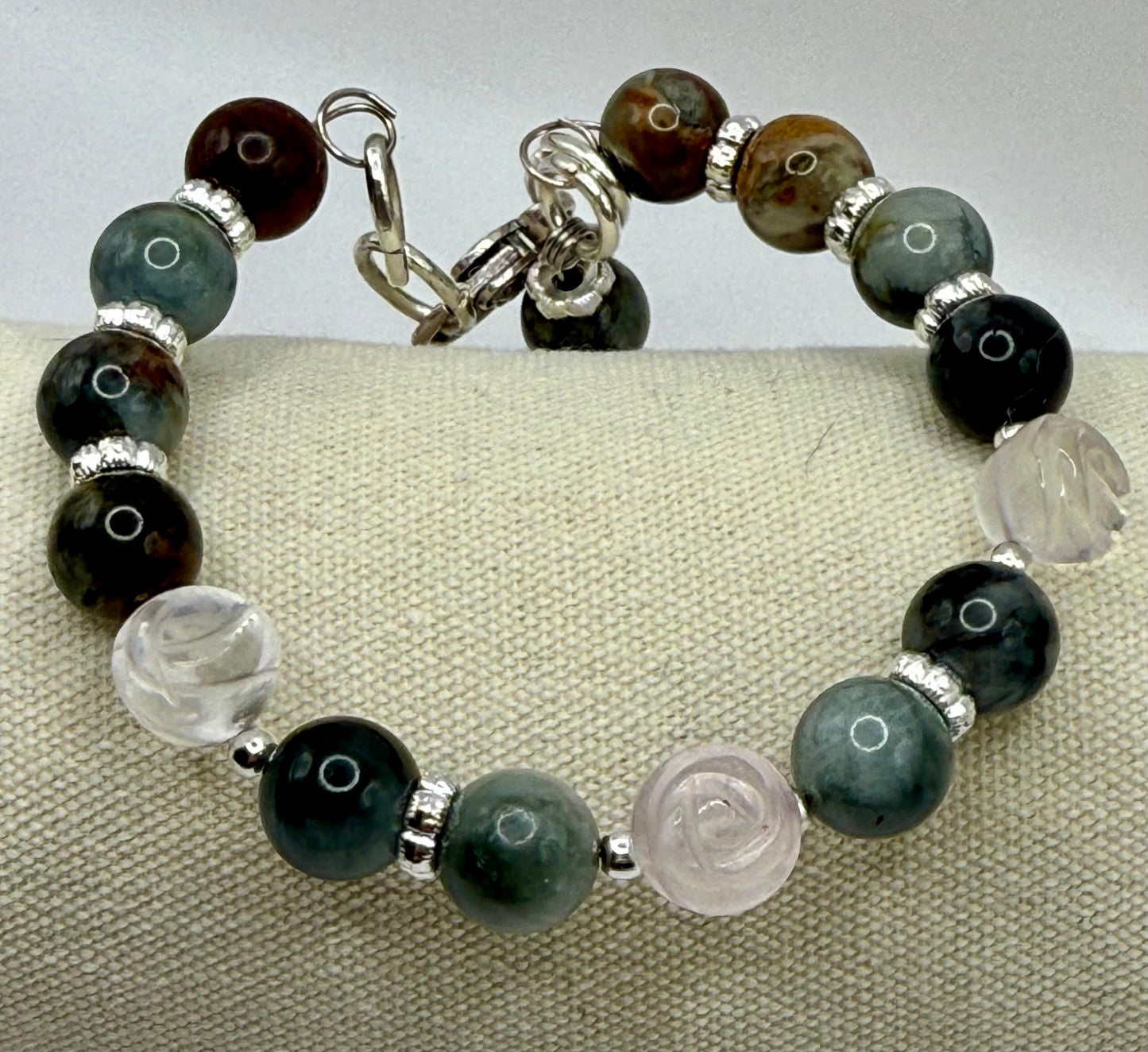 Ocean Jasper with Fluorite Roses Wired Bracelet 7.5"-7.75"