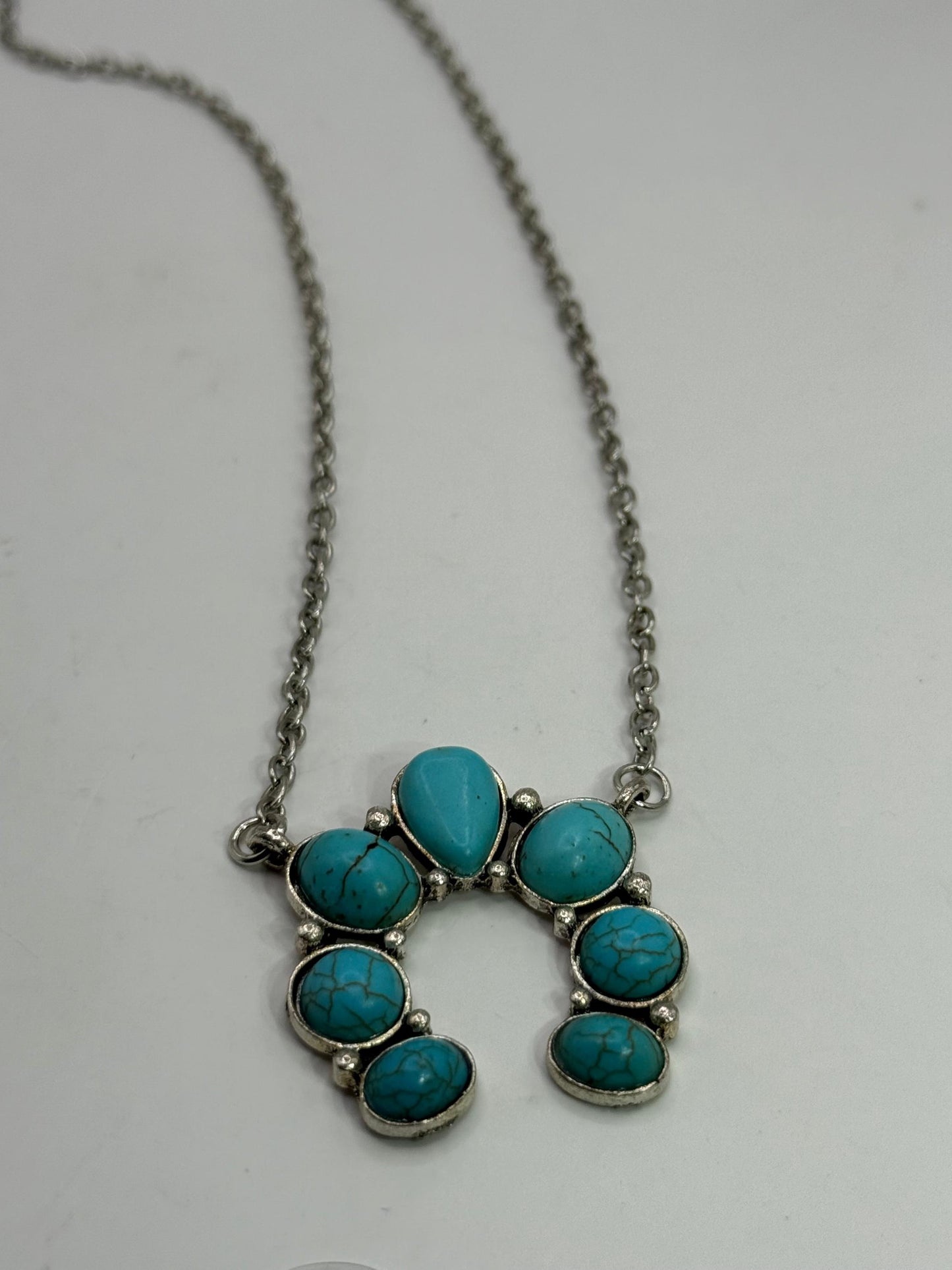 Turquoise Howlite Squash Blossom Necklace – 18" Silver Chain