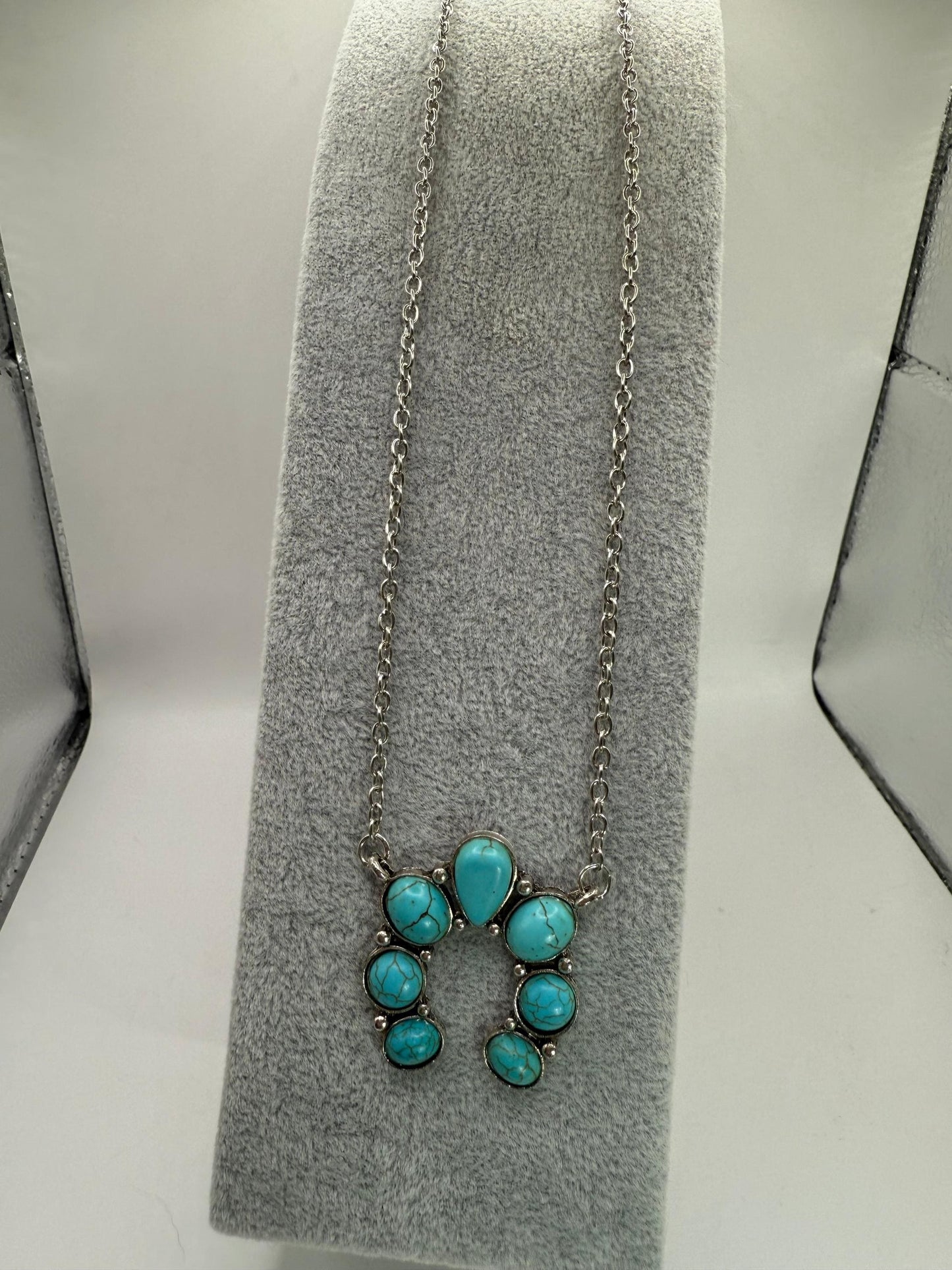 Turquoise Howlite Squash Blossom Necklace – 18" Silver Chain
