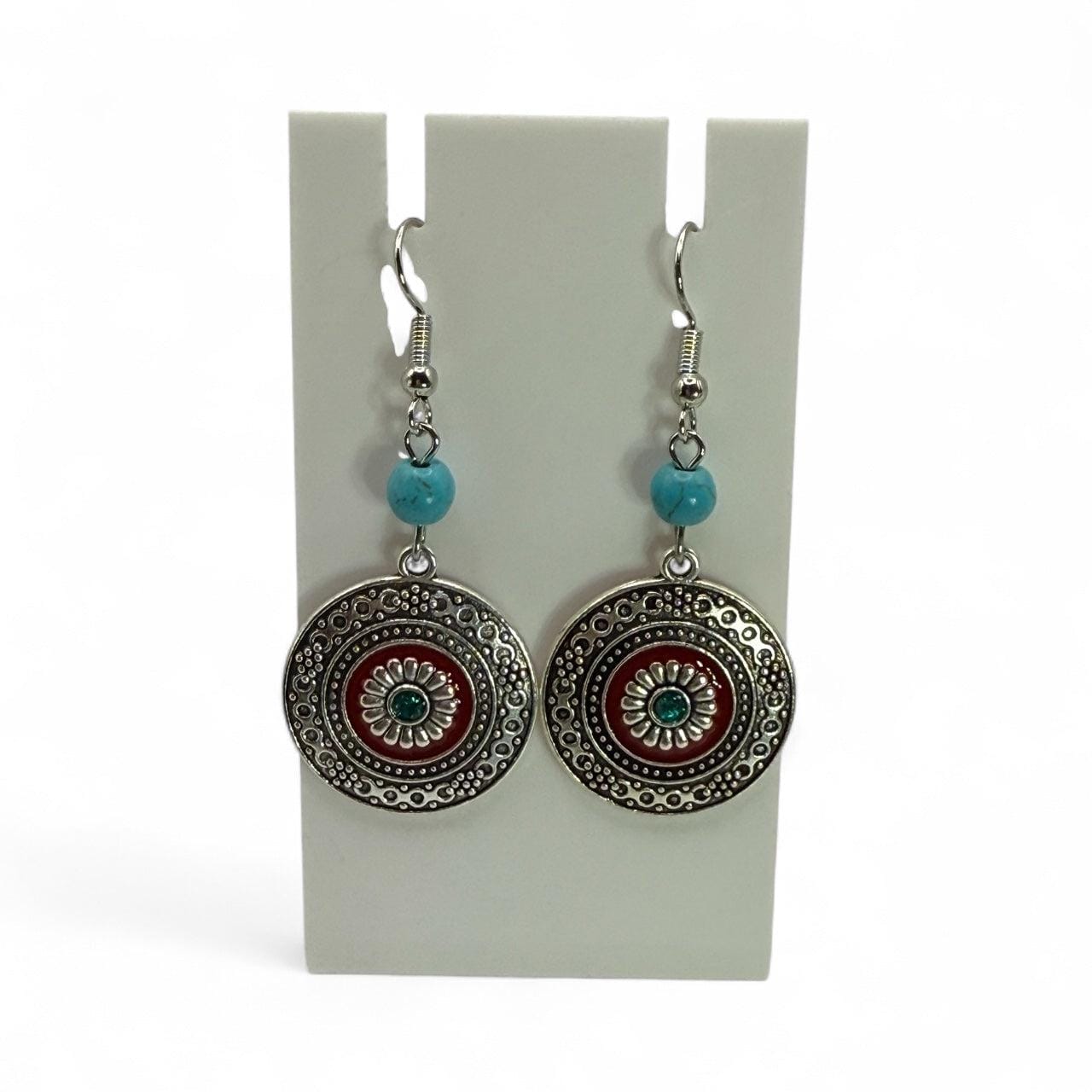 Turquoise Bead and Silver Mandala Earrings – Boho Western Dangle Jewelry