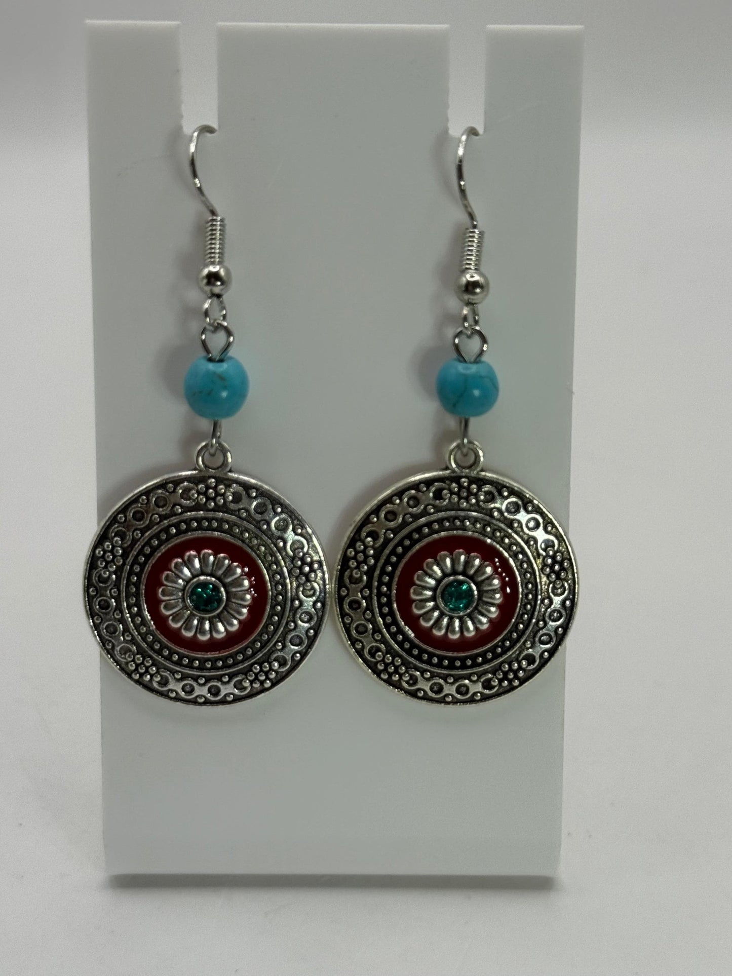 Turquoise Bead and Silver Mandala Earrings – Boho Western Dangle Jewelry