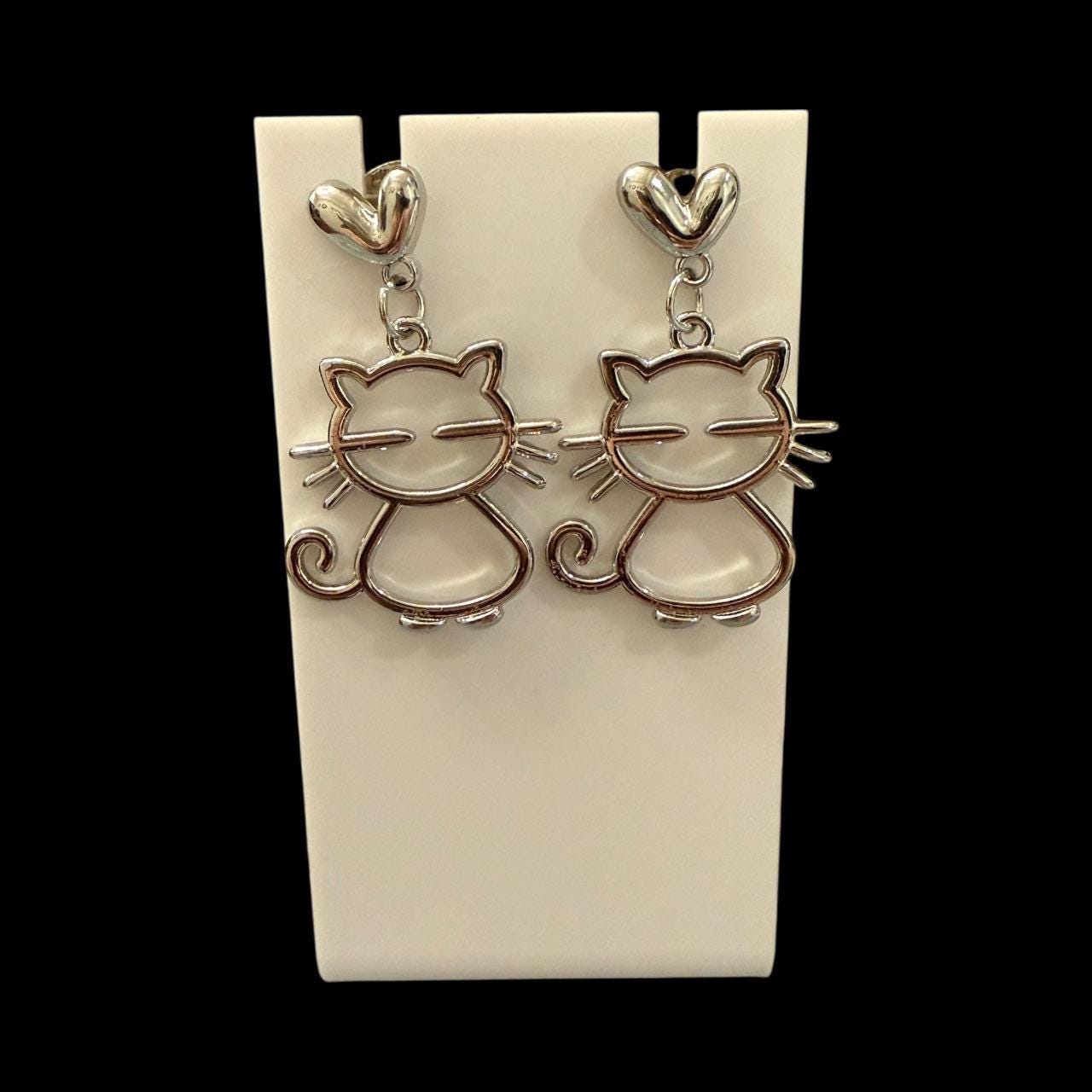 Silver Cat Dangle Earrings: Heart Studs, Whimsical Kitty Jewelry