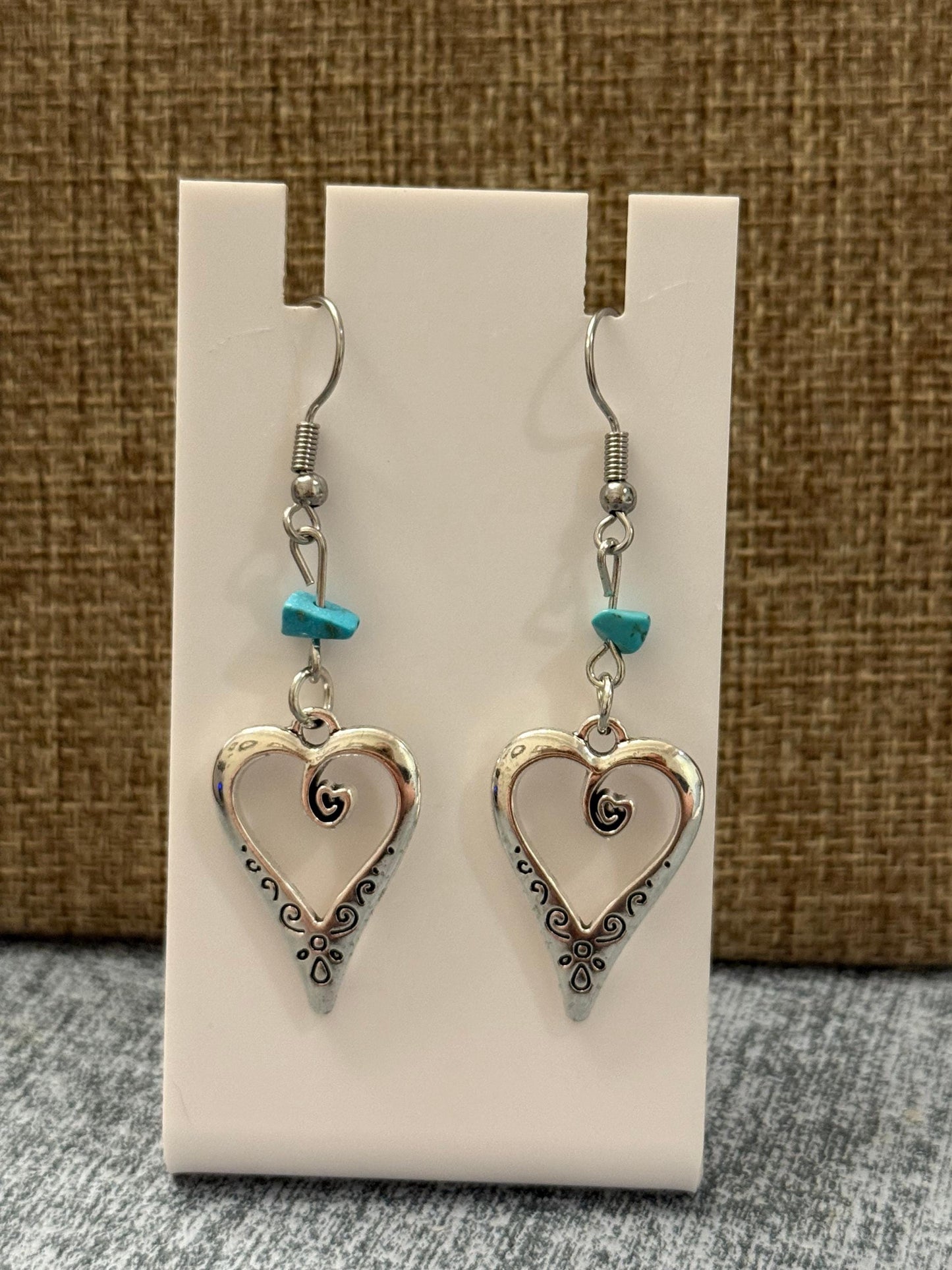 Turquoise Heart Dangle Earrings: Silver Boho Western Jewelry