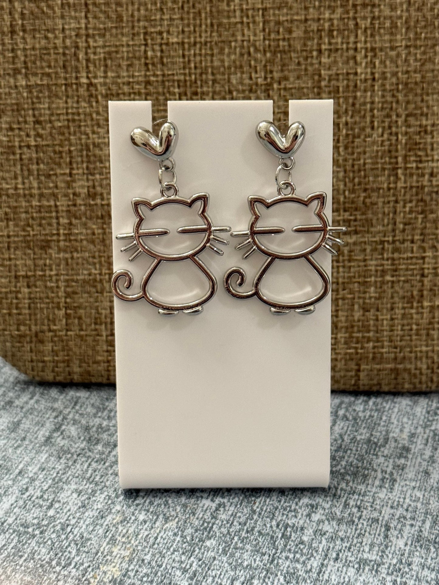 Silver Cat Dangle Earrings: Heart Studs, Whimsical Kitty Jewelry