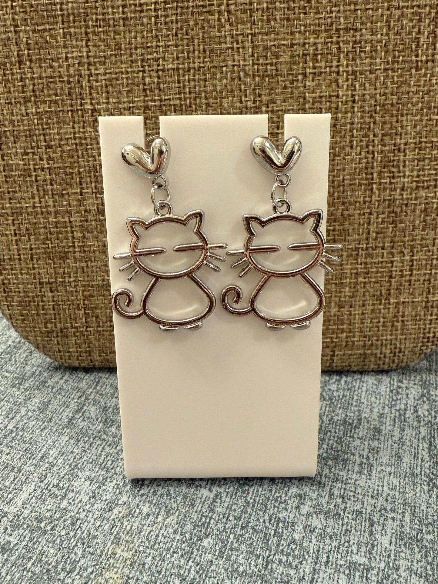 Silver Cat Dangle Earrings: Heart Studs, Whimsical Kitty Jewelry