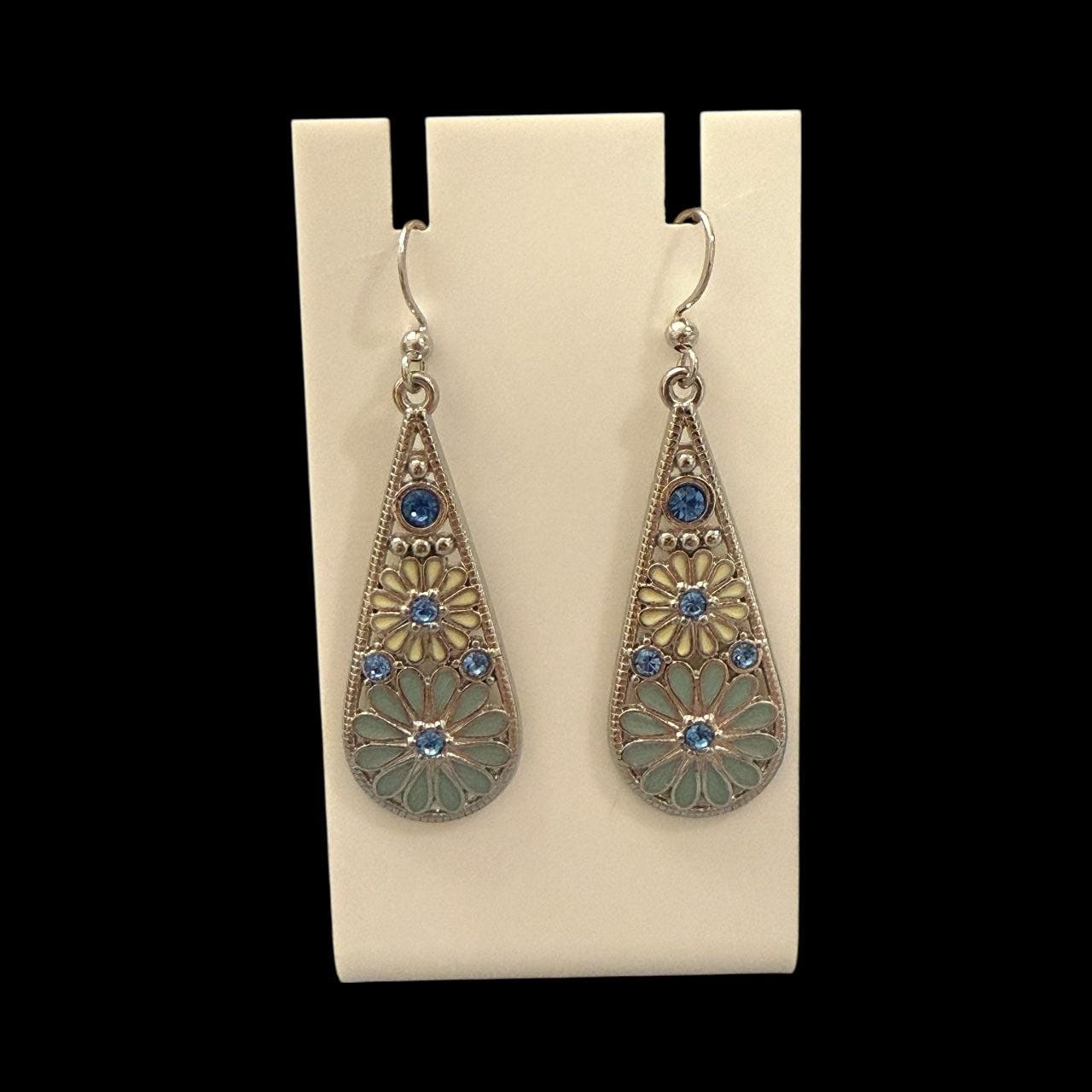 Boho Teardrop Earrings: Silver-Tone Floral Dangles with Blue Crystals