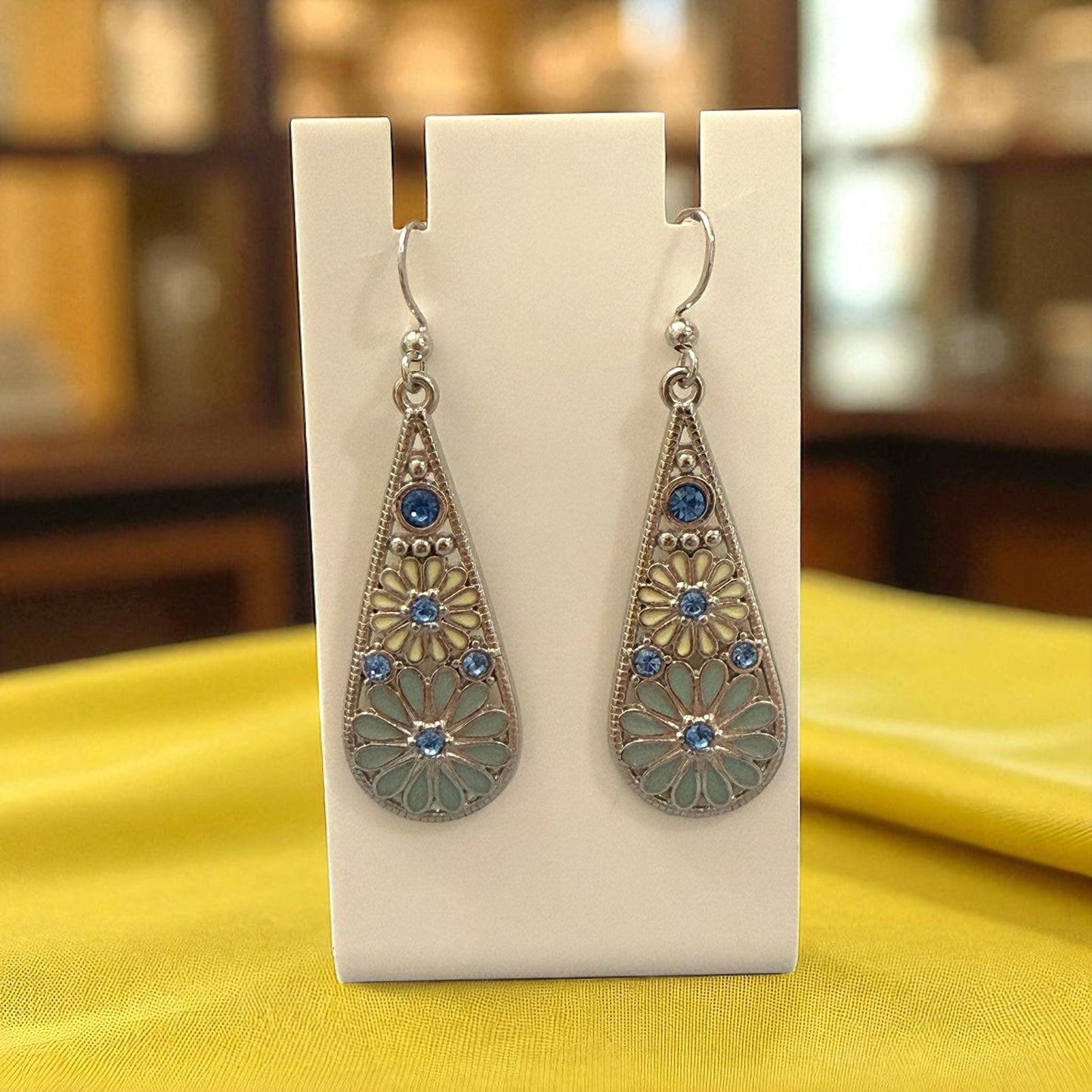 Boho Teardrop Earrings: Silver-Tone Floral Dangles with Blue Crystals