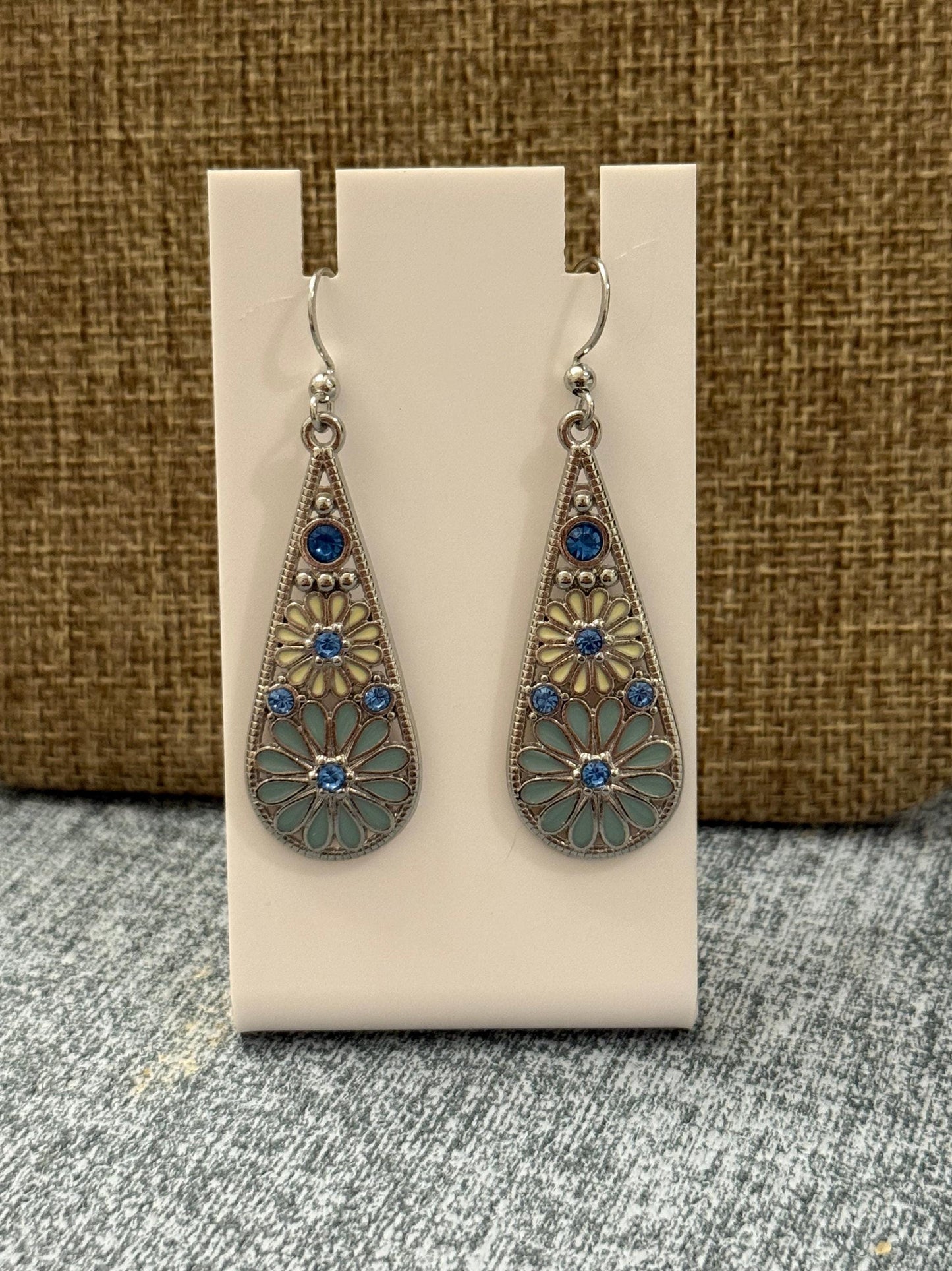 Boho Teardrop Earrings: Silver-Tone Floral Dangles with Blue Crystals