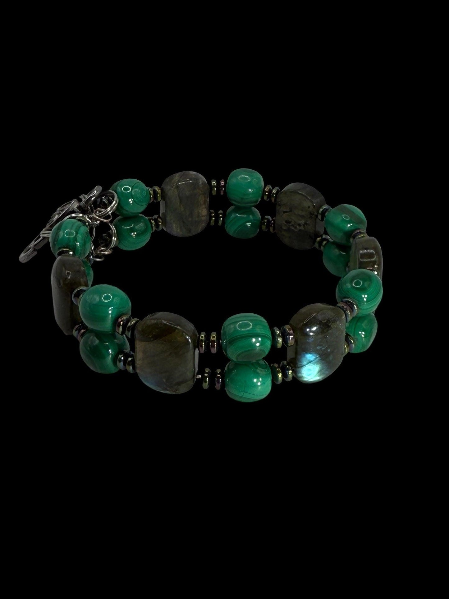 Labradorite Malachite Rainbow Hematite Double Bangle Bracelet | 7.5"–7.75" Clasp | Handmade Gemstone Jewelry