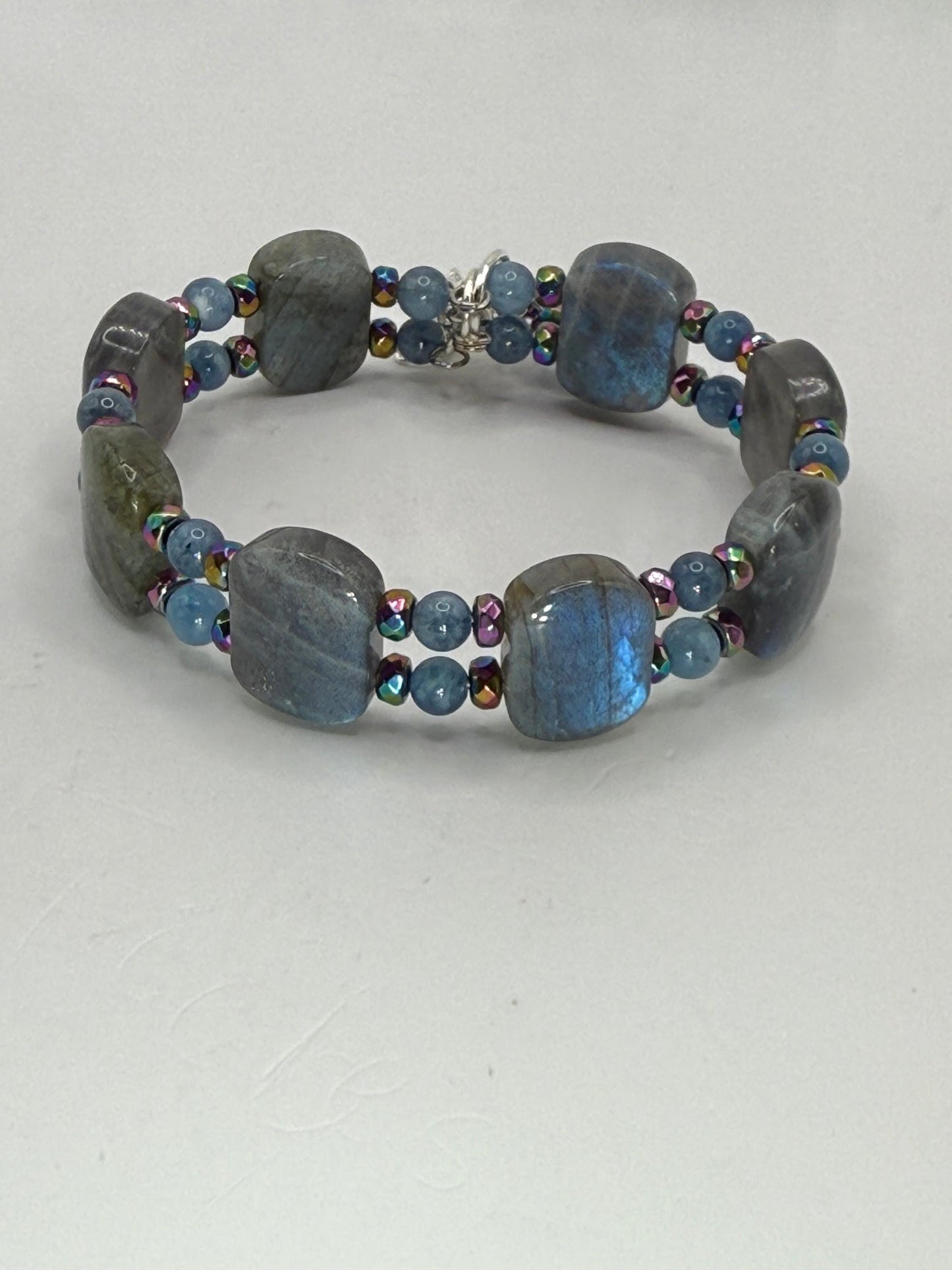 Labradorite Aquamarine Rainbow Hematite Double Bangle Bracelet | Adjustable 7.75–8" Clasp | Handmade Gemstone Jewelry