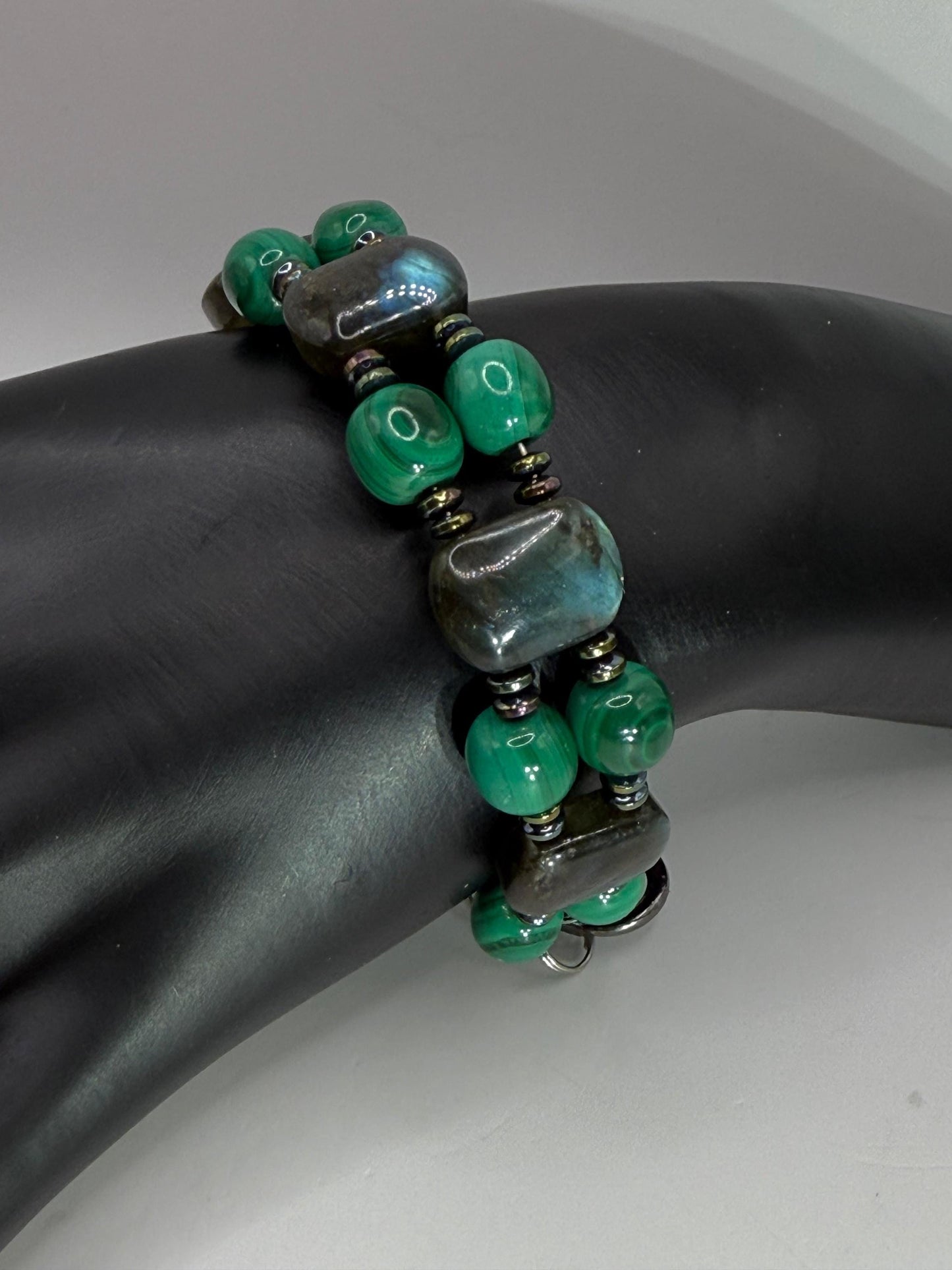 Labradorite Malachite Rainbow Hematite Double Bangle Bracelet | 7.5"–7.75" Clasp | Handmade Gemstone Jewelry