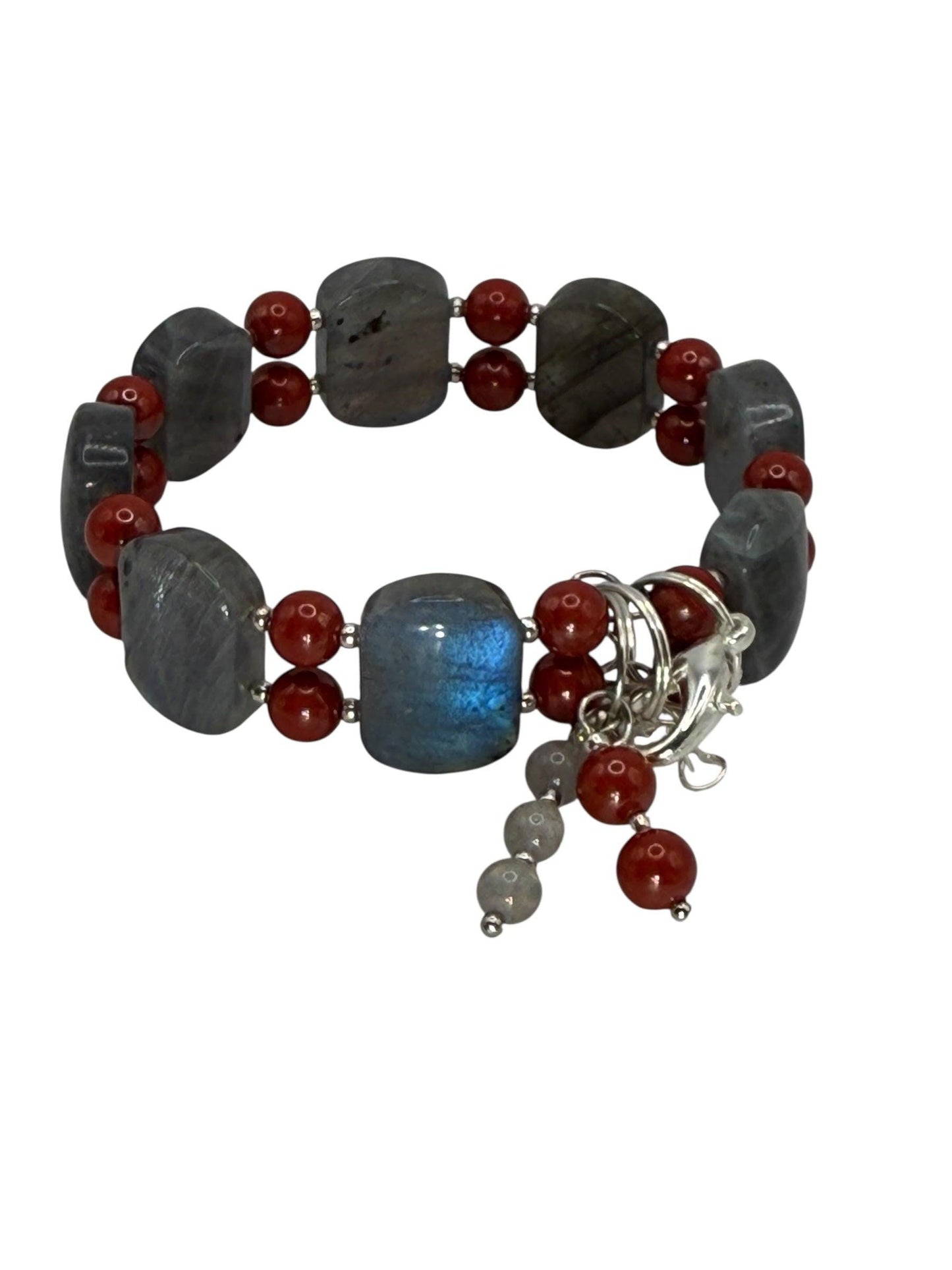 Labradorite Cinnabar Double Bangle Bracelet: Handmade Gemstone Statement Jewelry