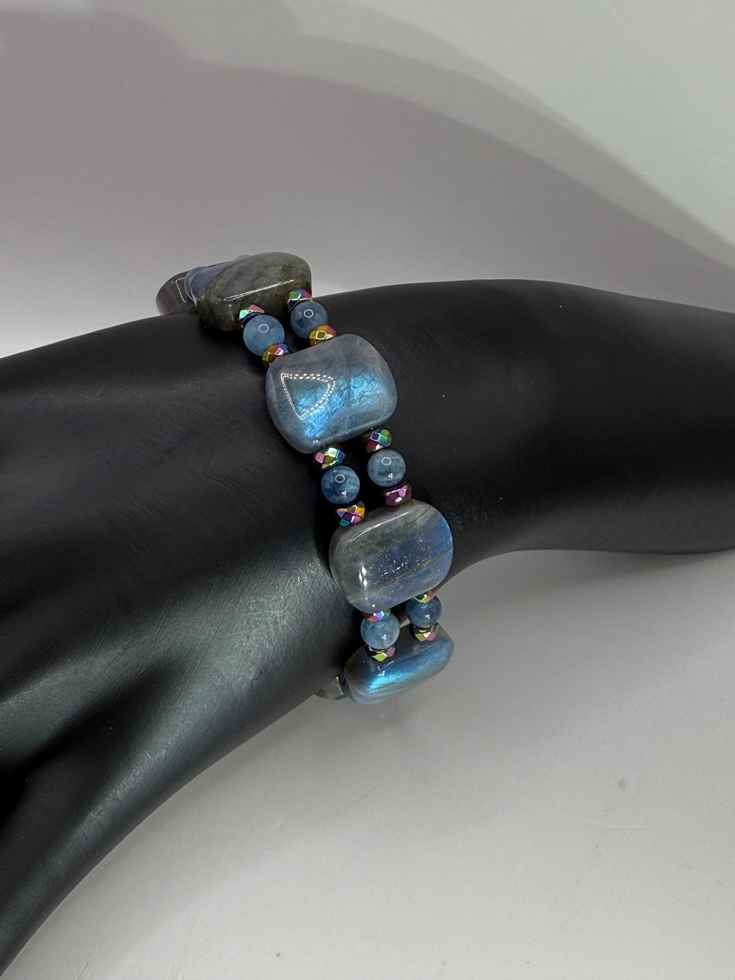 Labradorite Aquamarine Rainbow Hematite Double Bangle Bracelet | Adjustable 7.75–8" Clasp | Handmade Gemstone Jewelry
