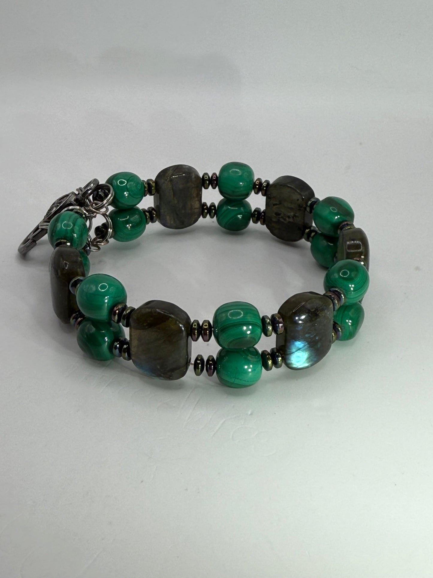 Labradorite Malachite Rainbow Hematite Double Bangle Bracelet | 7.5"–7.75" Clasp | Handmade Gemstone Jewelry