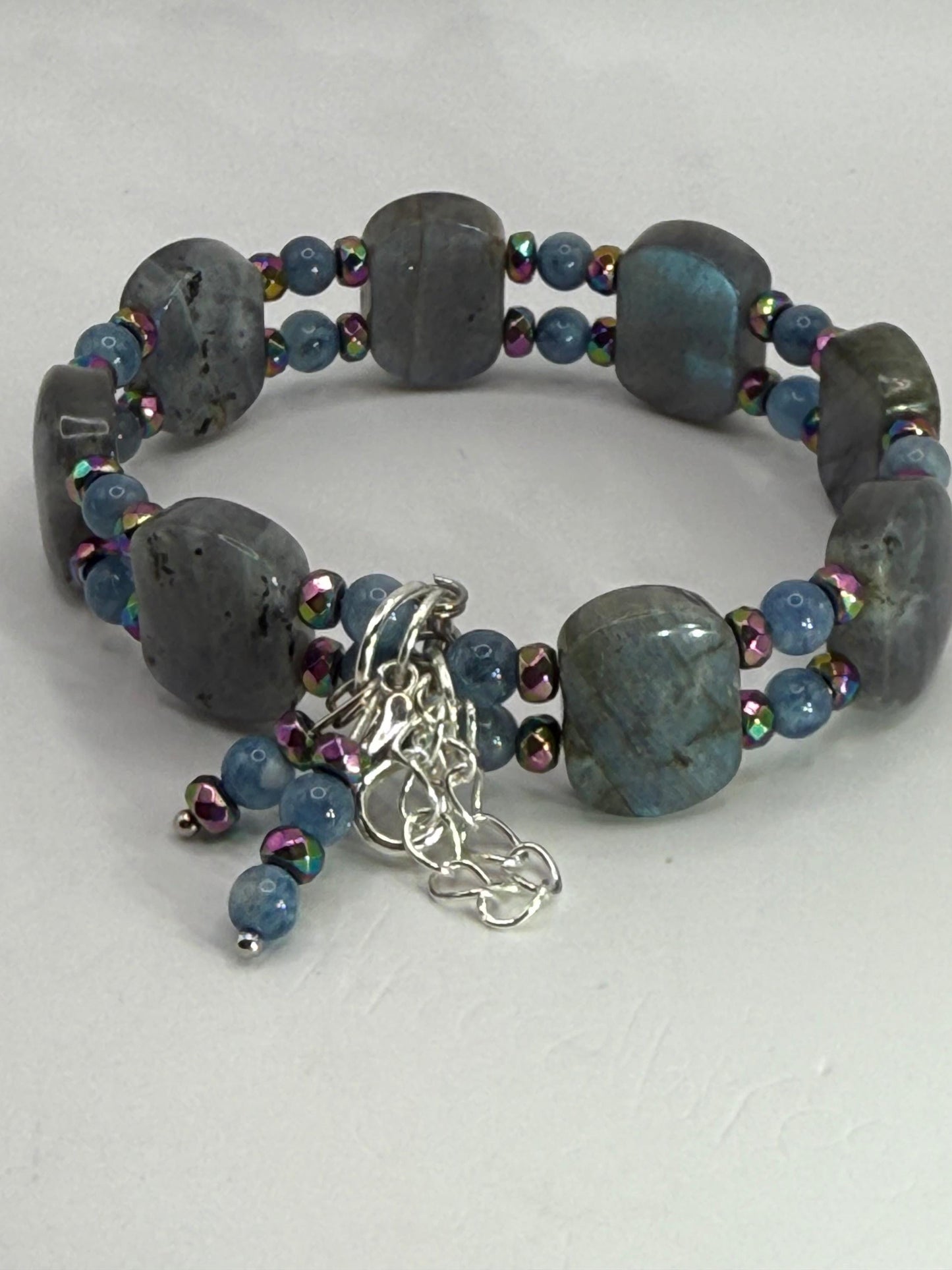 Labradorite Aquamarine Rainbow Hematite Double Bangle Bracelet | Adjustable 7.75–8" Clasp | Handmade Gemstone Jewelry