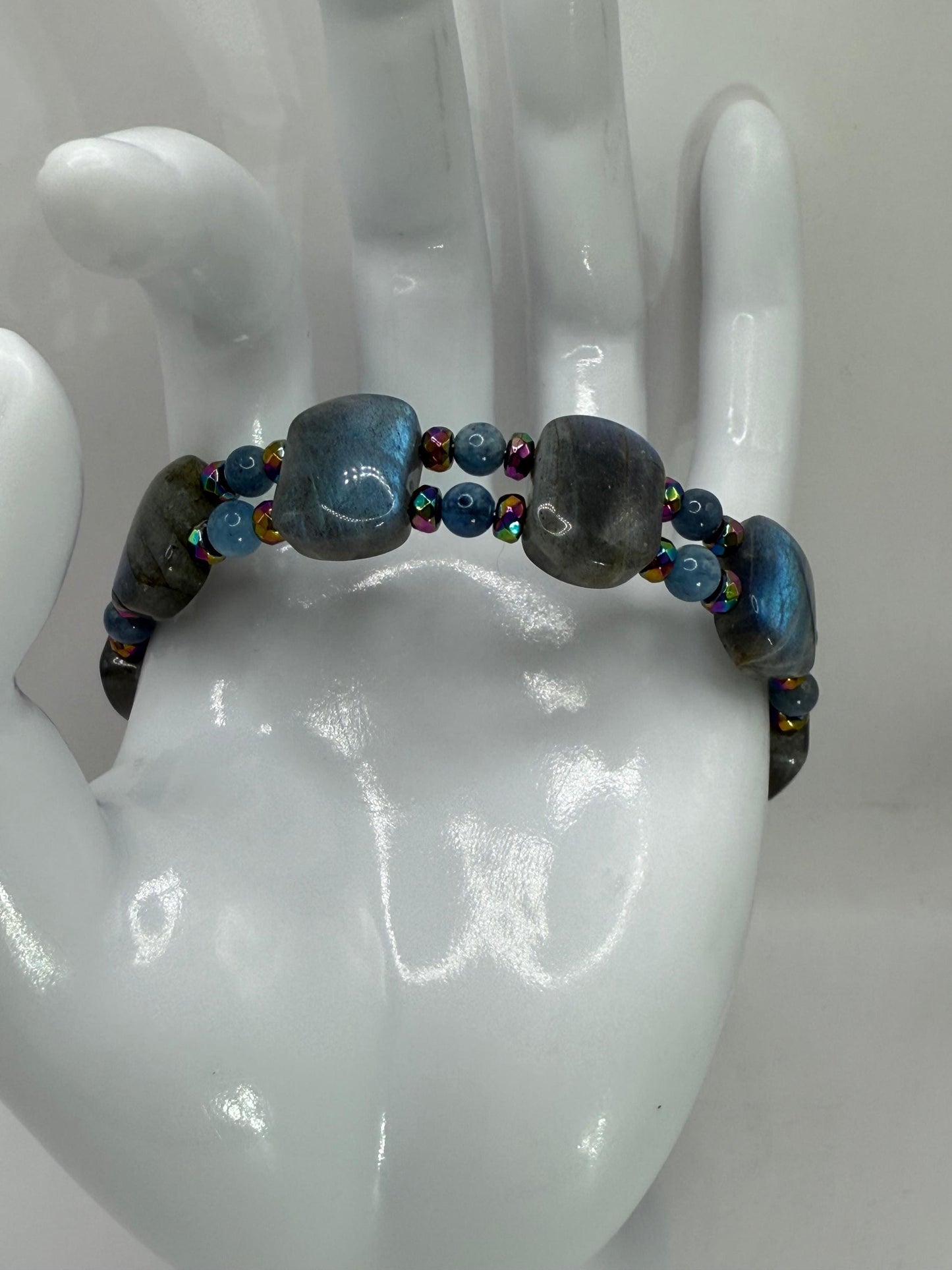 Labradorite Aquamarine Rainbow Hematite Double Bangle Bracelet | Adjustable 7.75–8" Clasp | Handmade Gemstone Jewelry
