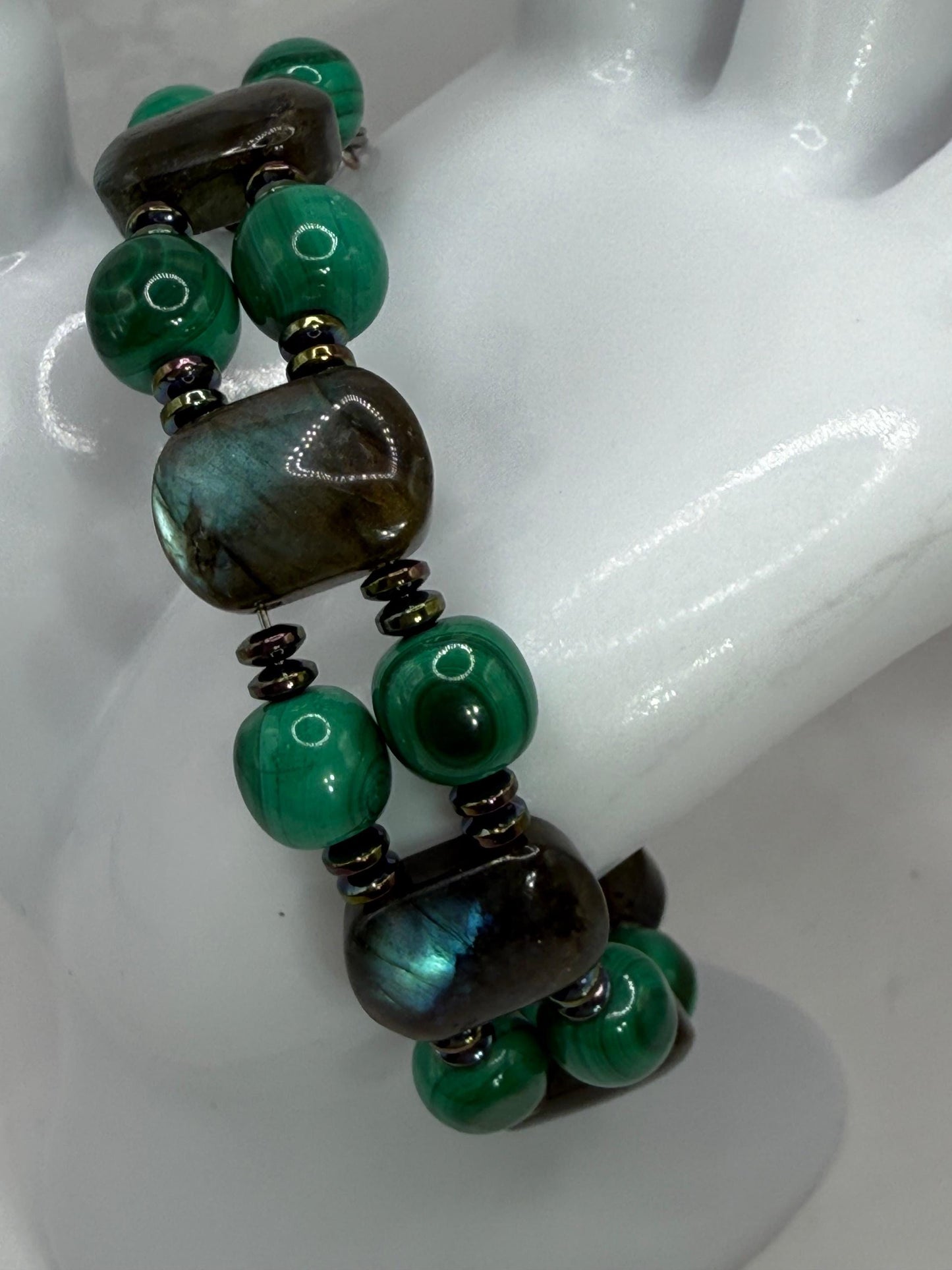 Labradorite Malachite Rainbow Hematite Double Bangle Bracelet | 7.5"–7.75" Clasp | Handmade Gemstone Jewelry