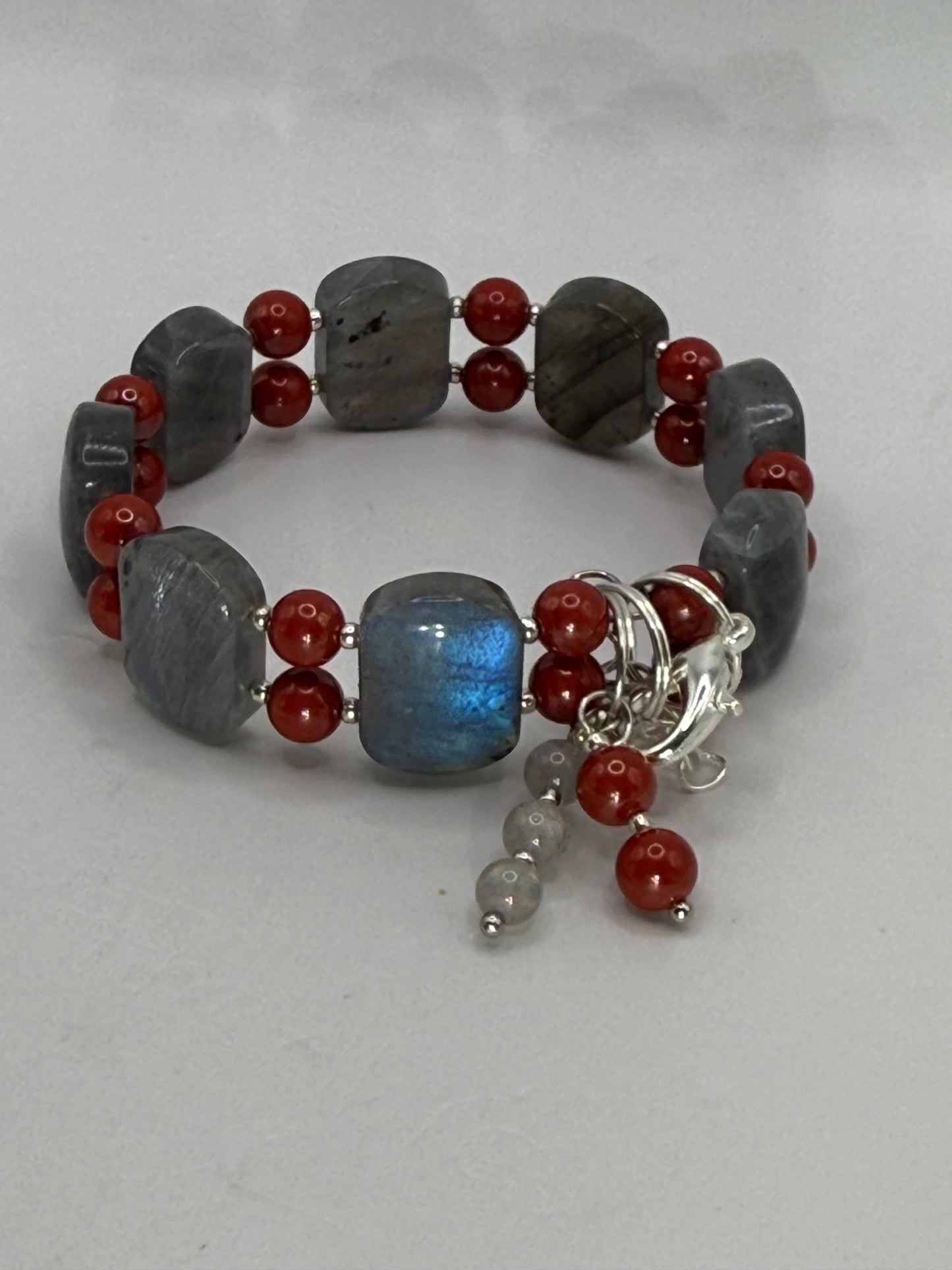 Labradorite Cinnabar Double Bangle Bracelet: Handmade Gemstone Statement Jewelry