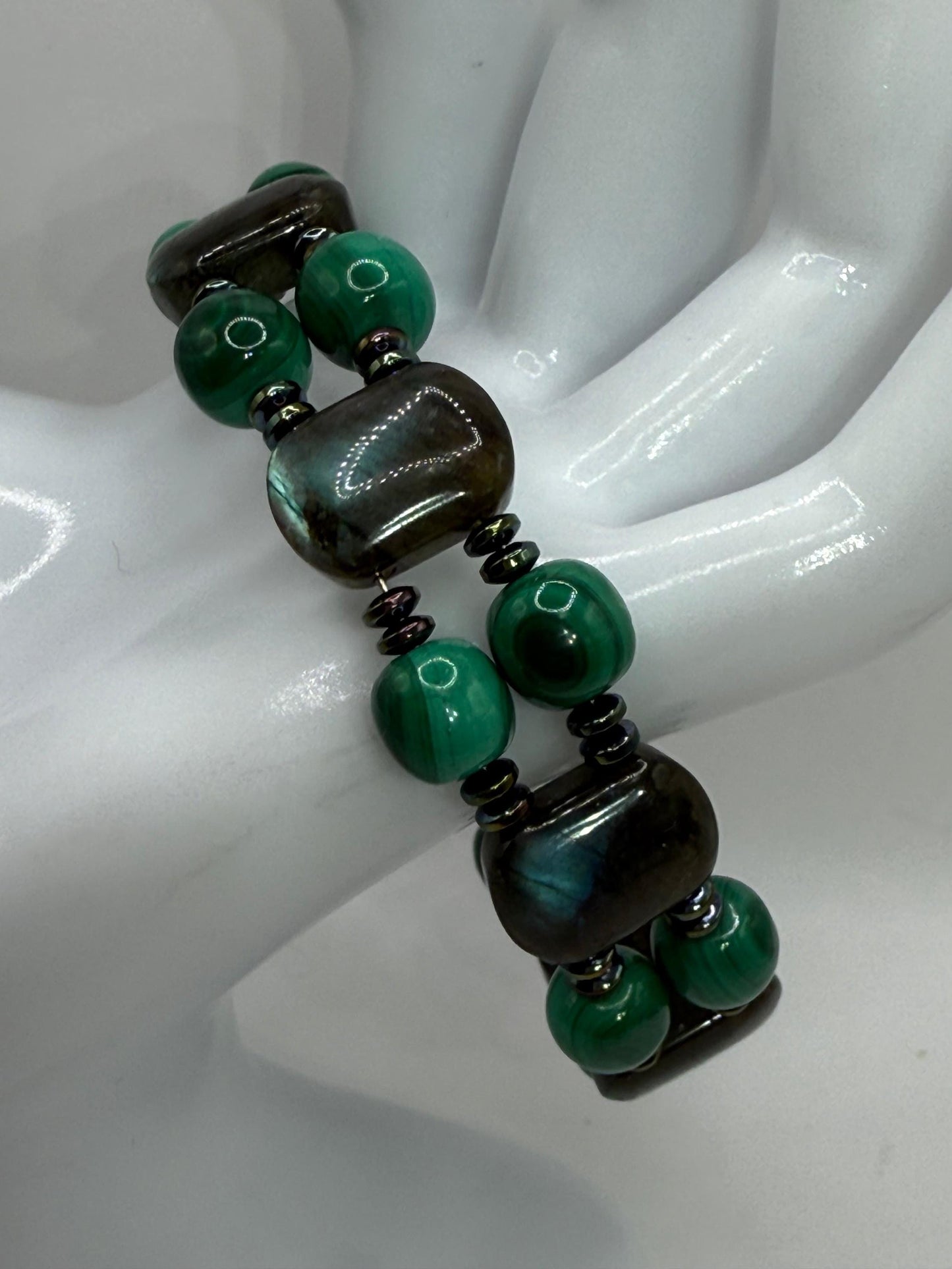 Labradorite Malachite Rainbow Hematite Double Bangle Bracelet | 7.5"–7.75" Clasp | Handmade Gemstone Jewelry