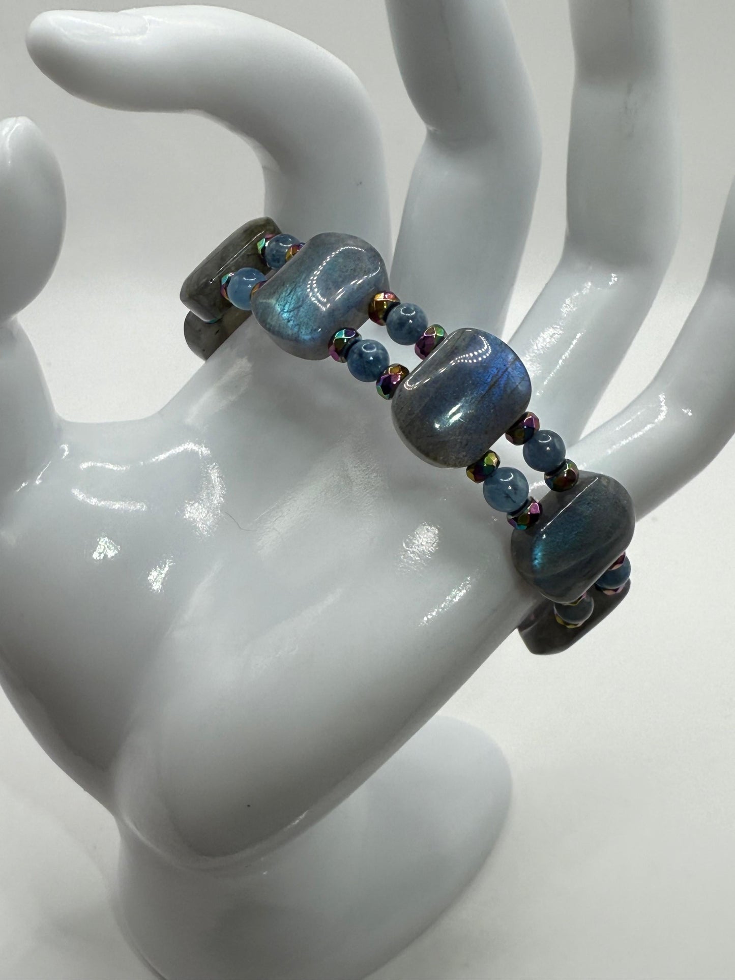 Labradorite Aquamarine Rainbow Hematite Double Bangle Bracelet | Adjustable 7.75–8" Clasp | Handmade Gemstone Jewelry
