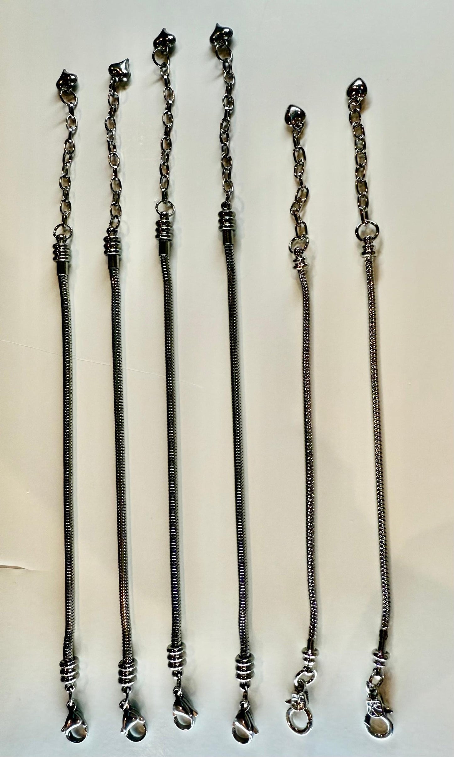 DESTASH - Stainless Steel Pandora-Style Charm and Slider Bracelets approximately 6.5" plus extender with heart