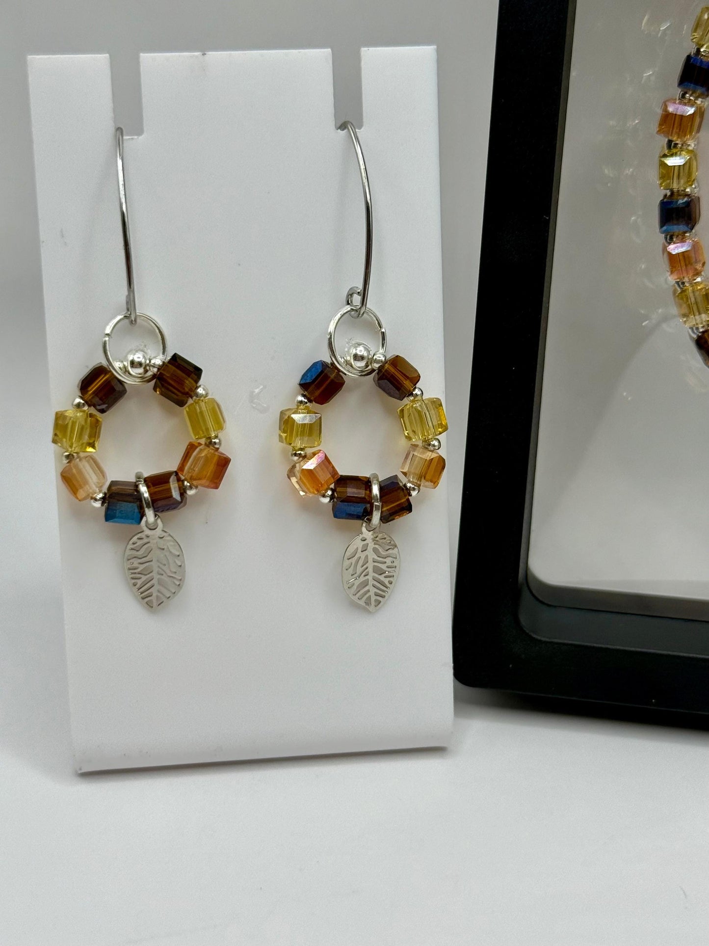 Autumn Leaf Charm Jewelry Set: Beaded Necklace, Bracelet & Earrings